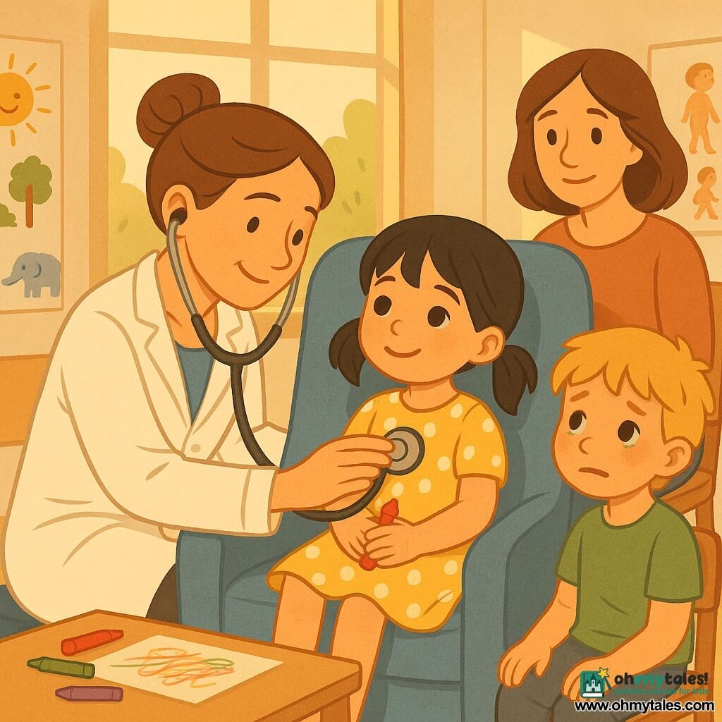 Female doctor in her thirties with a gentle smiling face and brown hair in a bun, wearing a clean white coat and a silver stethoscope, kneeling and gently placing the stethoscope on a young patient’s chest with a reassuring, attentive posture; Mia, about 6–7 years old, black hair in pigtails, yellow polka-dot dress, sitting on a large soft blue armchair holding a red crayon, bright eyes and a shy smile as she listens to her heart with hands on the stethoscope; a boy about 5, teary but calmer, tousled blond hair and a green T‑shirt, sitting on a chair beside her looking at Mia with a small emerging smile; a mother in her forties with chestnut hair sits behind him with a comforting hand on his shoulder. Bright pediatric waiting room with large windows and golden light, walls decorated with children’s drawings, a small wooden coffee table with scattered crayons and colorful posters of the body. Main scene: warm calm moment of the doctor listening to Mia’s heartbeat, Mia proud and reassured, the boy regaining courage, soft atmosphere with vivid colors, clear contrasts, simple rounded shapes in a child-friendly style.