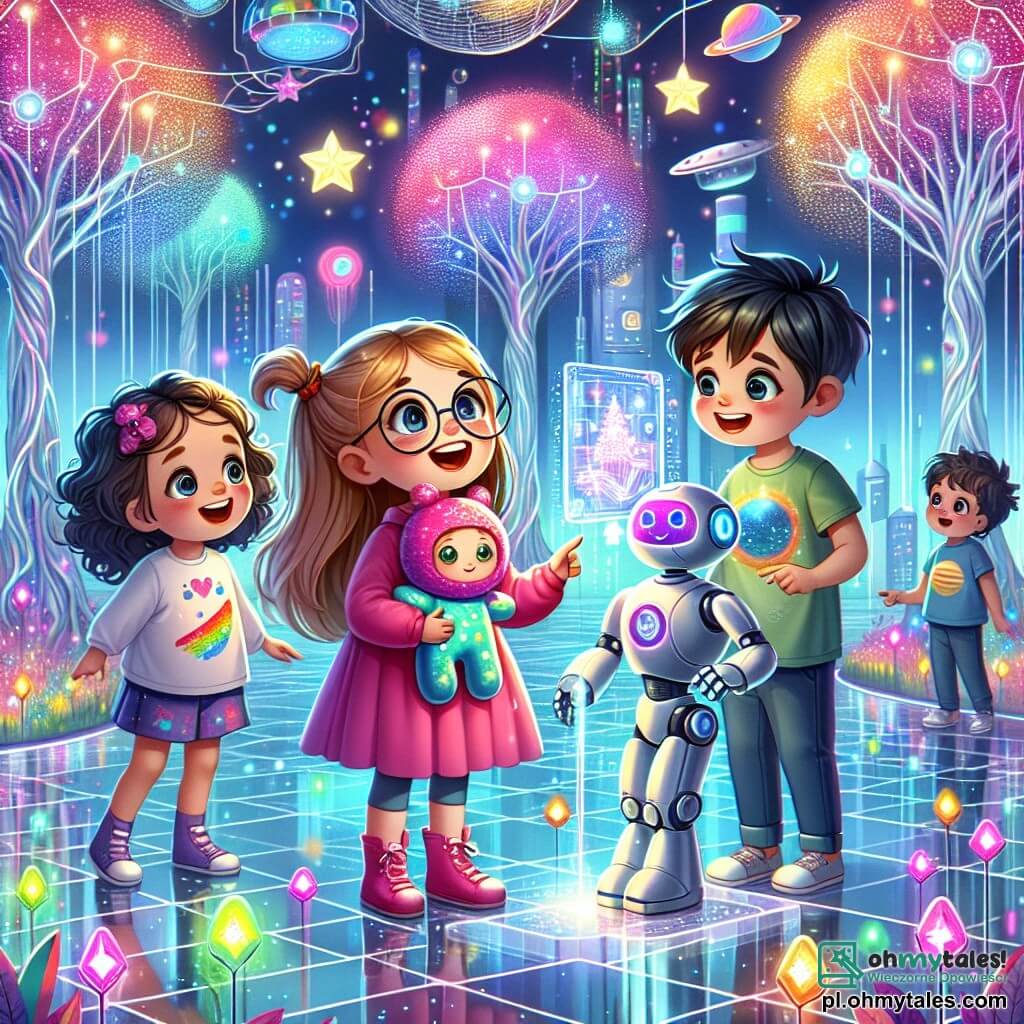 Ośmioletnia dziewczynka z długimi brązowymi włosami i okrągłymi okularami uśmiecha się z zachwytem, trzymając kolorową lalkę w ramionach. Obok niej stoi siedmioletnia dziewczynka z kręconymi blond włosami w różowej sukience, wskazująca na przyjaznego robota, który się do nich zbliża. Dziewiątyletni chłopiec z rozczochranymi czarnymi włosami i koszulką w wzory planet z fascynacją obserwuje holograficzny ekran pokazujący migoczące gwiazdy. Miejsce to futurystyczny park, pełen zdumiewających maszyn i luminescencyjnych roślin, z drzewami o srebrnych pniach sięgających nieba i kolorowymi chmurami unoszącymi się nad nimi, tworząc magiczną atmosferę. Przez park wiją się przezroczyste szklane ścieżki, oświetlone kolorowymi światłami. Główna sytuacja przedstawia dzieci odkrywające robota-operatora, który wchodzi w interakcję z błyszczącymi kwiatami, tworząc wokół nich błyski światła, otoczone futurystycznymi technologiami, zachwycone cudami tego zaczarowanego świata.