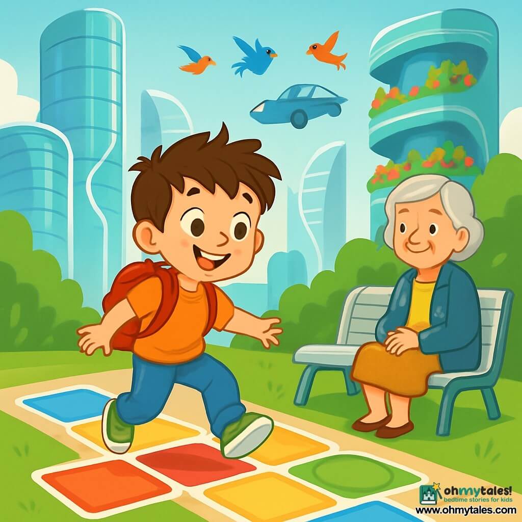 A 6-year-old boy named Milo, with messy brown hair and sparkling curious eyes, stands on a bright path made of colorful geometric shapes. He wears shiny green shoes and a small red backpack, displaying a big, amazed smile. Nearby, a woman around 50 years old, with silver hair and a shimmering coat, sits on a silver bench, watching Milo with kindness and pride in her bright eyes. The setting is a futuristic city with wavy glass buildings, hanging gardens filled with vibrant flowers, and floating cars gliding silently above the ground. Colorful birds fly in a clear blue sky, adding a touch of magic to the environment. The main scene shows Milo discovering a glowing puzzle path, where he must jump on colorful shapes to move forward. He is excited and determined, ready to take on the challenges in this city full of surprises.