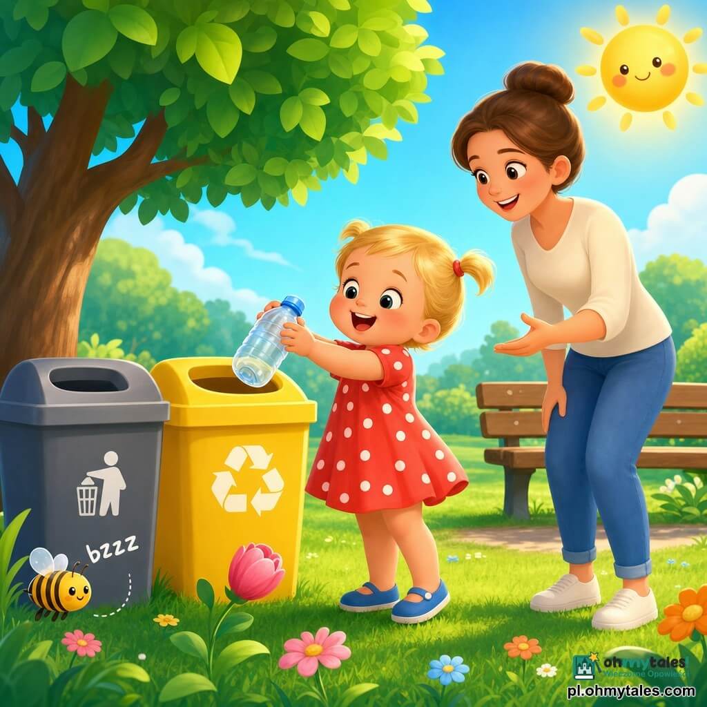 Dwulatka o okrągłej twarzy i blond włoskach związanych w małe kucyki, uśmiechnięta i skupiona, wyrzuca przezroczystą butelkę do żółtego kosza na recykling; ma czerwoną sukienkę w białe kropki, niebieskie buty i pulchne dłonie. Obok, nieco za nią po prawej stoi około 30‑letnia mama z kasztanowymi włosami w koku, uśmiechnięta i zachęcająca. Po lewej duże zielone drzewo rzucające miękki cień, za nimi drewniana ławka i dwa kosze obok siebie: szary na śmieci i żółty na recykling. Zielona trawa z kolorowymi kwiatami i małym różowym pąkiem przy dziewczynce; nad kwiatem lata mała żółto‑czarna pszczoła z delikatnym „bzzz”. Jasne niebo z łagodnym żółtym słońcem u góry po prawej; scena kolorowa, proste zaokrąglone formy, kompozycja skupiona na dumnym wyrazie twarzy dziewczynki wyrzucającej butelkę.