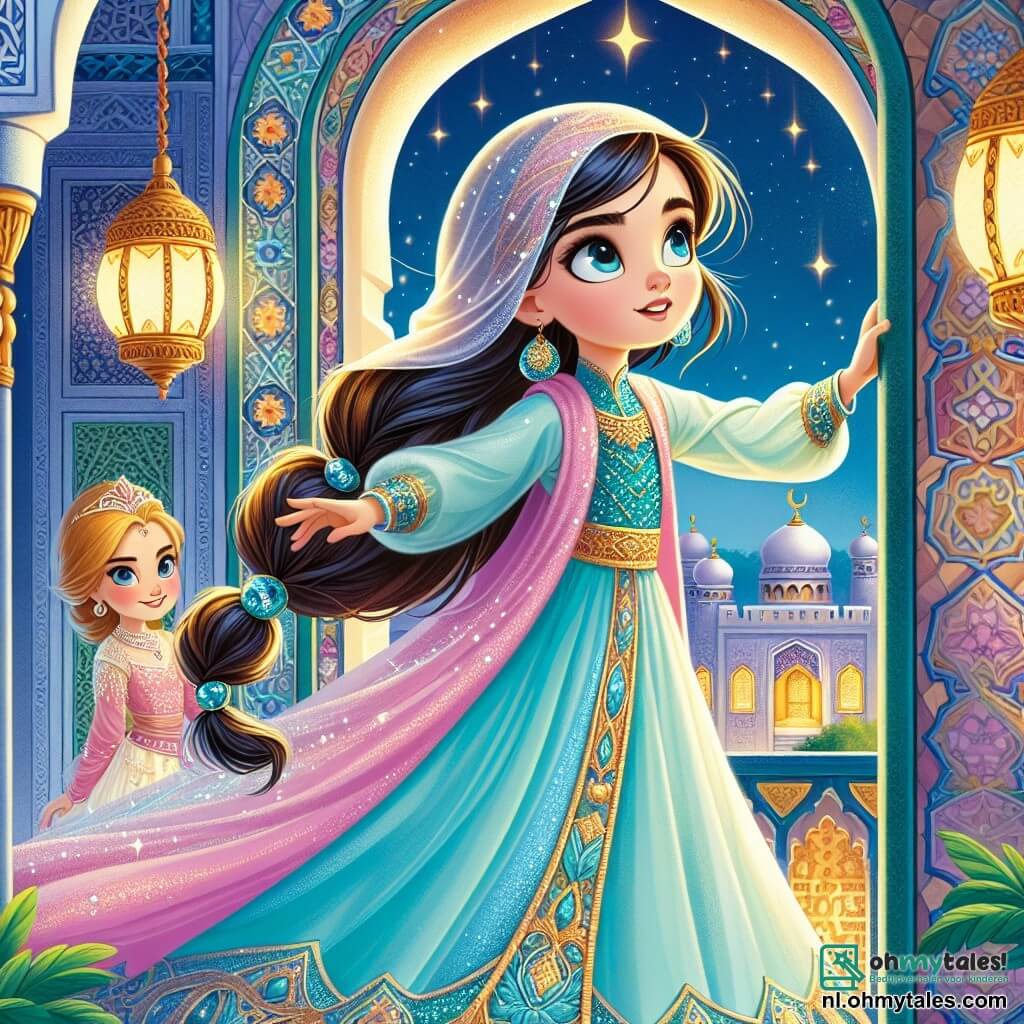 Een jong meisje genaamd Noor, ongeveer 12 jaar oud, staat op de top van een majestueuze toren, met ogen vol vastberadenheid en verwondering. Ze draagt een lichte turquoise zijden jurk met gouden patronen, en haar lange zwarte haar waait zachtjes in de wind. Noor kijkt moedig naar de deur van de toren, klaar om de prinses te bevrijden. Naast haar staat een prinses van ongeveer 14 jaar, gekleed in een weelderige roze jurk met glinsterende borduursels, met een hoopvolle glimlach. Haar blonde haar is gevlochten met sprankelende parels, en ze kijkt Noor dankbaar aan. De achtergrond is een betoverend paleis, met muren van wit marmer versierd met kleurrijke mozaïeken, hangende lantaarns die een zachte en warme gloed verspreiden, en weelderige tuinen zichtbaar door de ramen. Schitterende sterren verlichten de nachtelijke hemel, wat een vleugje magie aan de scène toevoegt. De belangrijkste situatie toont Noor, vol moed, klaar om de deur van de toren te openen om de prinses te bevrijden, terwijl het licht van de lantaarns om hen heen danst, wat een mysterieuze en avontuurlijke sfeer creëert.