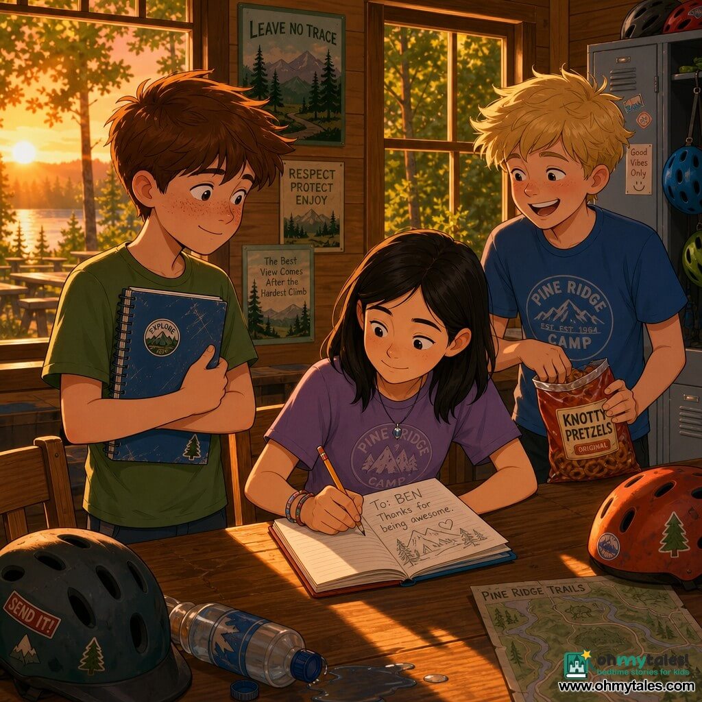 A warm scene after a day of cycling: a round-faced 12-year-old boy with freckles and tousled chestnut hair, wearing a shy smile, holds a worn blue notebook to his chest and watches an 11-year-old girl with shoulder-length black hair and fair skin who sits at a varnished wooden table, relaxed and focused as she draws in the notebook with a pencil; a blond, mischievous 12-year-old friend stands beside them holding a bag of pretzels and laughing softly. They are in a summer camp activity room with open windows letting in golden sunset light, nature posters on the walls, light plank floors, bike helmets and lockers in a corner, and small details like a helmet on a chair, a half-spilled water bottle, and tree-shadow patterns on the floor.