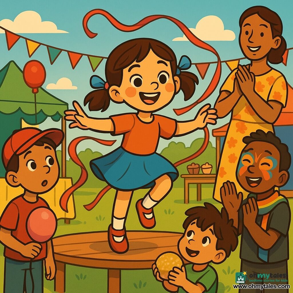 An 8‑year‑old girl, smiling and brave with rosy cheeks and dark brown pigtails tied with blue and pink ribbons, dances on a small kermesse stage with her ribbons flying; to her left a surprised then admiring 9‑year‑old boy in a red cap holds a pink balloon, to the right a non‑binary 8‑year‑old friend (they) with short hair and a rainbow scarf applauds with a butterfly face paint, a 5‑year‑old little brother in a green T‑shirt watches from below holding a glittery yellow ball given by the winner, and a smiling female teacher in a floral dress claps behind them; the scene is a sunny school field with green grass, colorful stalls, floating balloons and a table of cupcakes, joyful, bright and full of vibrant movement.