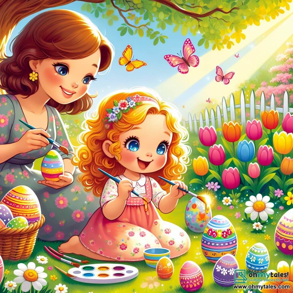 A 4-year-old girl named Lily, with sparkling blue eyes and curly golden hair, is sitting in a sunny garden, smiling and full of joy, painting colorful Easter eggs with brushes. Next to her, her mom, a woman in her thirties with brown hair and a floral dress, watches her with a warm smile, holding a decorated egg in her hand. The garden is filled with vibrant flowers like tulips and daisies, and a large shady tree stands in the background, its branches providing shelter for butterflies fluttering around. The scene captures Lily and her mom engaged in joyful activity, surrounded by bright Easter eggs and sparkling glitter, embodying the festive and magical spirit of Easter.
