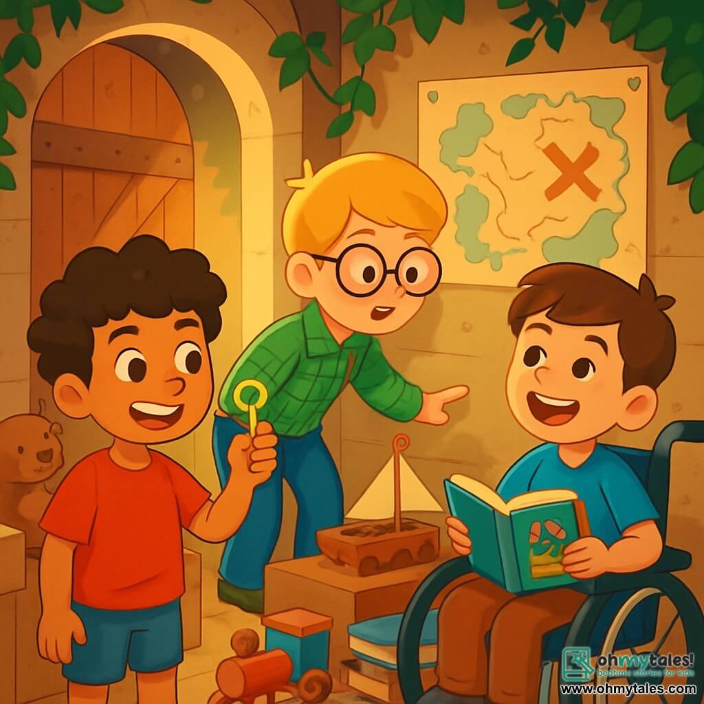 There are three characters: Max, a 10-year-old boy with curly brown hair, wearing a red t-shirt and blue shorts, holding a small golden key with a big smile; Jack, a 10-year-old boy with round glasses and blonde hair, dressed in a green plaid shirt and jeans, leaning forward curiously observing a map on the wall; and Sam, a 10-year-old boy with chestnut hair and a joyful expression, sitting in his wheelchair, wearing a blue t-shirt and holding an open adventure book on his lap, looking at his friends enthusiastically. The main setting is a small secret room filled with old wooden toys, dusty books, and cardboard boxes, with ivy-covered walls and soft light filtering through an old wooden door, creating a mysterious and magical atmosphere. The main situation shows the three friends discovering an ancient hideout in the forest, where they found a golden key and a mysterious map, surrounded by forgotten objects, sharing laughter and ideas about the adventures they could have together.
