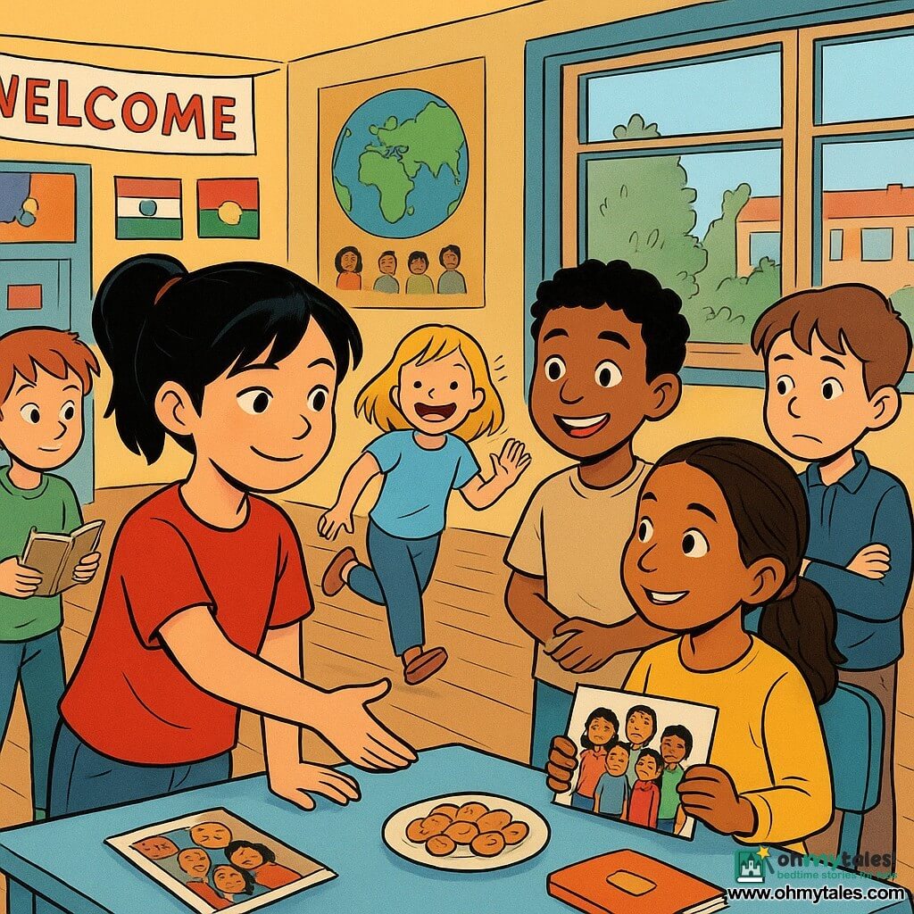 Maya, an 8-year-old Chinese-American girl with dark pigtails and a gentle determined face, shyly confident, reaches out to invite a new classmate to play; Zain, an 8-year-old Pakistani boy with short curly hair and brown skin, stands beside her smiling in relief; Amira, an 8-year-old North African girl with light brown skin and tied hair, sits at a table corner holding a family photo; Emma, an 8-year-old white blonde girl, runs laughing toward the group with hands raised; Leo, an 8-year-old white red-haired boy, watches curiously with a notebook; Tommy, an 8-year-old white boy with an empathetic expression stands slightly back, ready to intervene; the bright, colorful classroom has multicultural posters, a low table with photos and snacks, large windows and light wood floors, and the scene is warm and inclusive as the children gather, sharing laughter, photos and snacks.