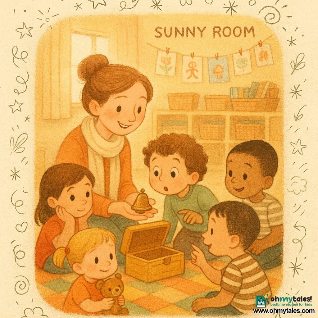 A smiling, kind female teacher with light brown hair in a loose bun and a soft cream scarf kneels before a small open yellow chest and holds a shiny little bell in her palm; five-year-old Milo, curly brown hair and wide curious eyes, leans toward her with a hand on the chest; four-year-old Ava, blonde pigtails, claps gently while holding a small teddy by the carpet; five-year-old Ben, very short black hair in a striped tee, points at the chest and whispers to his neighbor from the right; four-year-old Lina, straight brown hair, rests her head on her hand to watch from the teacher's left. The Sunny Room has a colorful checkered rug, wicker book bins, low shelves painted pastel yellow, a garland of drawings, and soft light through a sheer-curtained window. The scene is a quiet, intimate reveal from the "Wonder Box," children gathered in a discovery circle with amazed faces, warm colors, soft textures, simple rounded illustrative style with small doodles of stars, lamps and music notes around the bell.