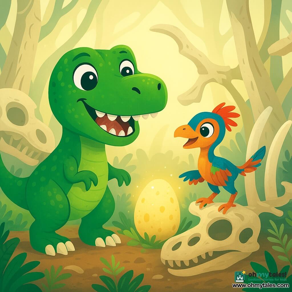 A young Tyrannosaurus Rex with shiny green scales and sparkling eyes stands proudly at the center of the scene, smiling widely. Next to him, a small colorful Compsognathus, curious and playful, joyfully jumps on one of the ribs of a large dinosaur skeleton. The setting is a garden of mysterious fossils, where giant bones rise from the ground like white trees, surrounded by vibrant green ferns and small silver-leaved plants. Soft morning light filters through the bones, creating dancing shadows on the ground. In this scene, the Tyrannosaurus Rex and his friend explore the bone garden, discovering a shimmering egg that emits a magical glow as they strive to uncover the hidden secrets of this ancient and enchanted place.