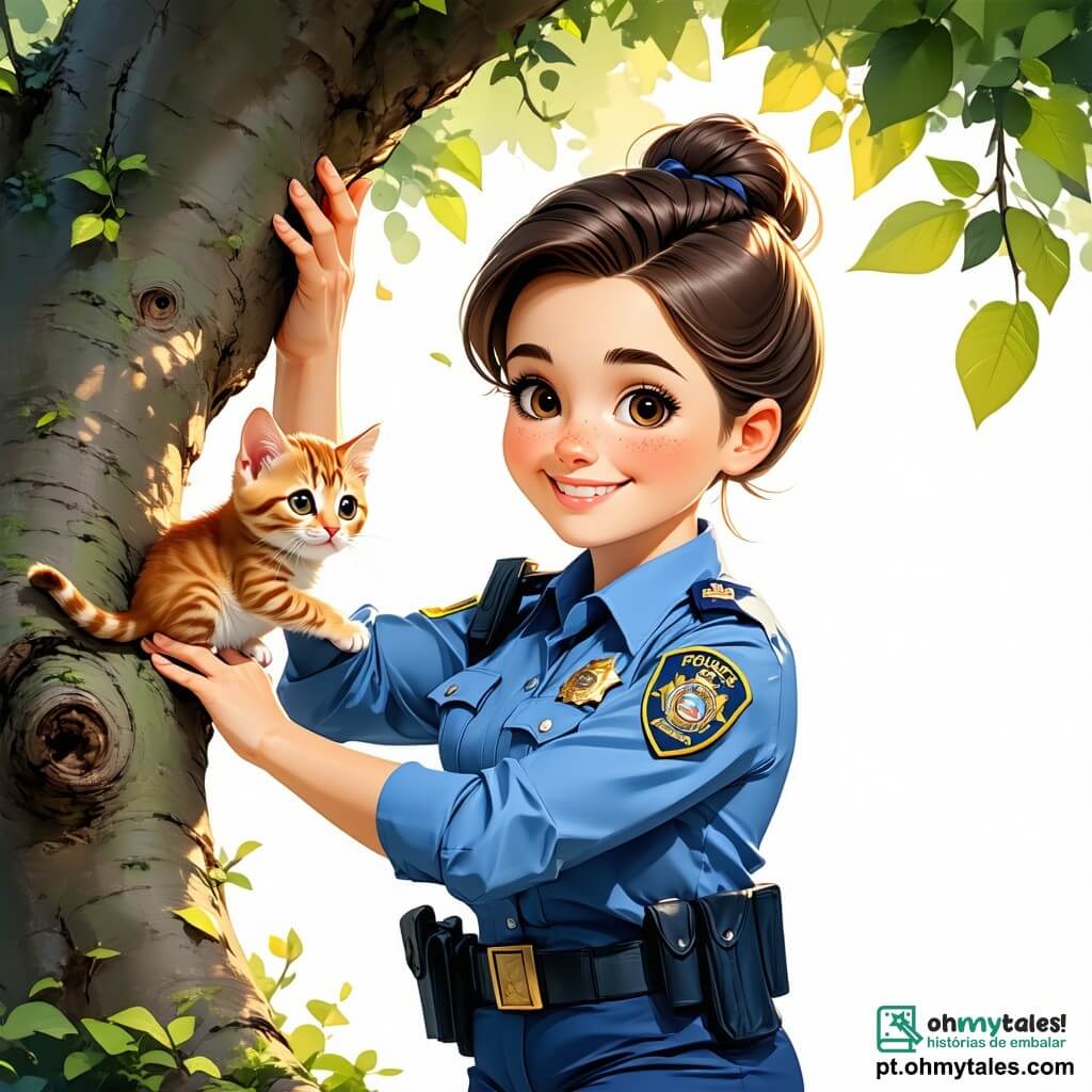 Uma policial corajosa, Maria, está no centro da imagem. Ela tem cabelos castanhos presos em um coque, usa um uniforme azul vibrante com um distintivo brilhante no peito e exibe um grande sorriso caloroso. Maria está subindo cuidadosamente em uma árvore, estendendo a mão para um pequeno gatinho. Ao lado dela, um menino de 8 anos chamado Pedro observa com olhos arregalados, cheio de admiração. Ele tem cabelos loiros bagunçados, usa uma camiseta vermelha e um short azul, e está embaixo da árvore, com os braços cruzados, pronto para aplaudir. O cenário se passa em um parque ensolarado, com árvores verdes, flores coloridas e um céu azul claro. A situação principal mostra Maria, a policial, ajudando o pequeno gatinho preso na árvore, enquanto Pedro a incentiva com entusiasmo, criando uma cena cheia de camaradagem e coragem.