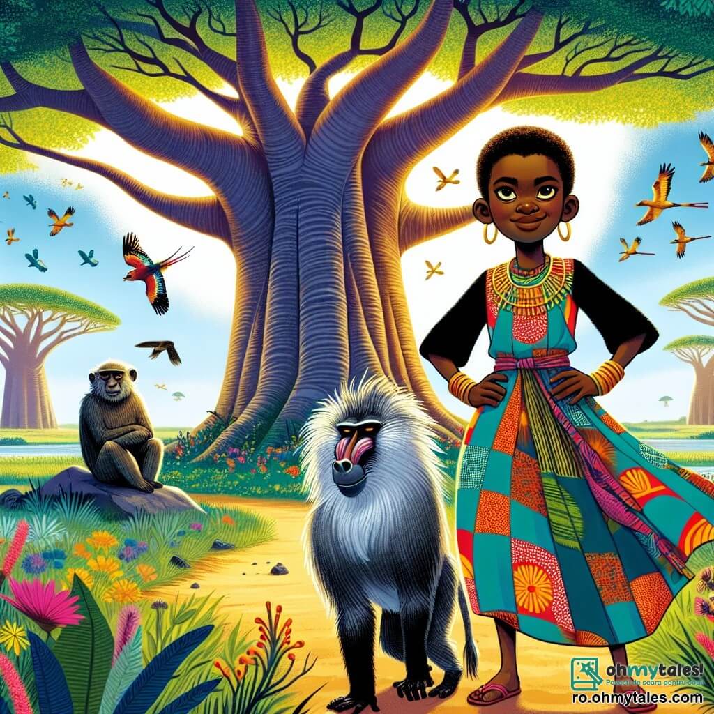 Amina, o fată de doisprezece ani, stă în centrul imaginii, cu codițe negre și ochi strălucitori de determinare. Ea poartă o rochie din material colorat, împodobită cu motive africane, iar fața ei exprimă mare încredere și un zâmbet ușor. Lângă ea, un bătrân babuín, cu blana gri și barbă argintie, o privește cu ochi jucăuși, așezat pe o piatră, mâncând o smochină. În fundal, majestuosul baobab, cu ramuri late și frunzoase, se ridică sub un cer albastru strălucitor, în timp ce păsări colorate zboară în jur. Scena se desfășoară pe drumul către muntele Umbrelor, cu flori sălbatice și iarbă înaltă care dansează în vânt. Amina, plină de curaj, se pregătește să înfrunte provocările călătoriei sale pentru a-și salva satul de lăcuste, hotărâtă să aducă justiție și armonie.