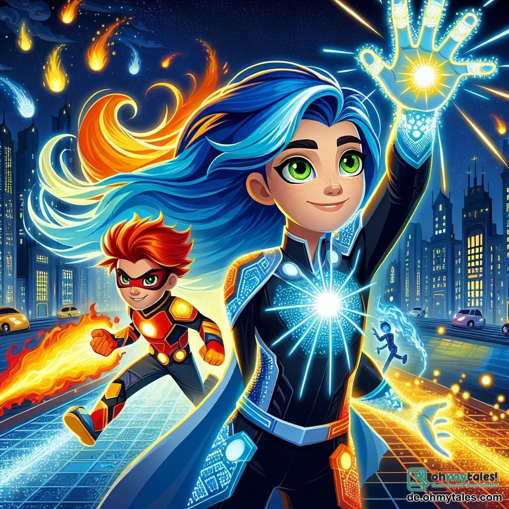 Im Vordergrund steht Aurora, ein Mädchen mit langen, glitzernden blauen Haaren, stolz mit einem entschlossenen Ausdruck im Gesicht. Ihre grünen Augen strahlen Energie aus, und sie trägt ein buntes Superheldenkostüm mit leuchtenden Mustern, das Licht und Hoffnung symbolisiert. Sie hebt eine Hand, bereit, eine Lichtexplosion freizusetzen, um die Stadt zu beschützen. Neben ihr steht Blaze, ein etwa 12-jähriger Junge mit flammend roten Haaren, dynamisch positioniert und konzentriert darauf, eine Flamme in seiner Hand zu erzeugen. Sein Kostüm in Rot und Orange erinnert an Feuer, und er zeigt ein selbstbewusstes Lächeln, bereit, Aurora im Kampf zu unterstützen. Die Szenerie spielt in einer futuristischen Stadt mit glitzernden Wolkenkratzern und fliegenden Autos am Himmel. Der Boden ist mit glänzenden Platten gepflastert, und bedrohliche Schatten zeichnen sich um sie herum ab und schaffen eine Atmosphäre von Spannung und Abenteuer. Die Hauptsituation zeigt Aurora und Blaze vereint gegen die Bedrohung der mysteriösen Schatten, die sich im Dunkeln abzeichnet und bereit ist, anzugreifen. Gemeinsam bereiten sie sich darauf vor, die Stadt zu verteidigen und illustrieren den Mut und die Freundschaft, die sie in diesem epischen Kampf verbinden.