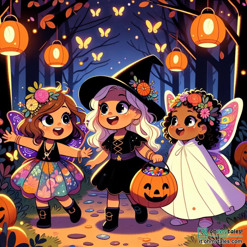 In una foresta incantata, tre amiche si riuniscono per celebrare Halloween. Mia, una ragazza di 8 anni, indossa un costume di streghetta nera con un cappello a punta e capelli ricci, sorridendo felicemente con un grande sacco di caramelle. Lila, una ragazza di 7 anni, è travestita da farfalla colorata con ali brillanti e una corona di fiori, danzando leggermente con le braccia aperte. Sara, un piccolo fantasma di 5 anni, si trova in un bel carrozzino bianco, con un lenzuolo che fluttua intorno a lei, guardando le sue amiche con occhi scintillanti di gioia. La foresta è illuminata da lanterne arancioni appese agli alberi, creando un'atmosfera calda e magica. Le tre amiche raccolgono caramelle mentre cantano e ridono, godendosi questa notte piena di magia e amicizia.