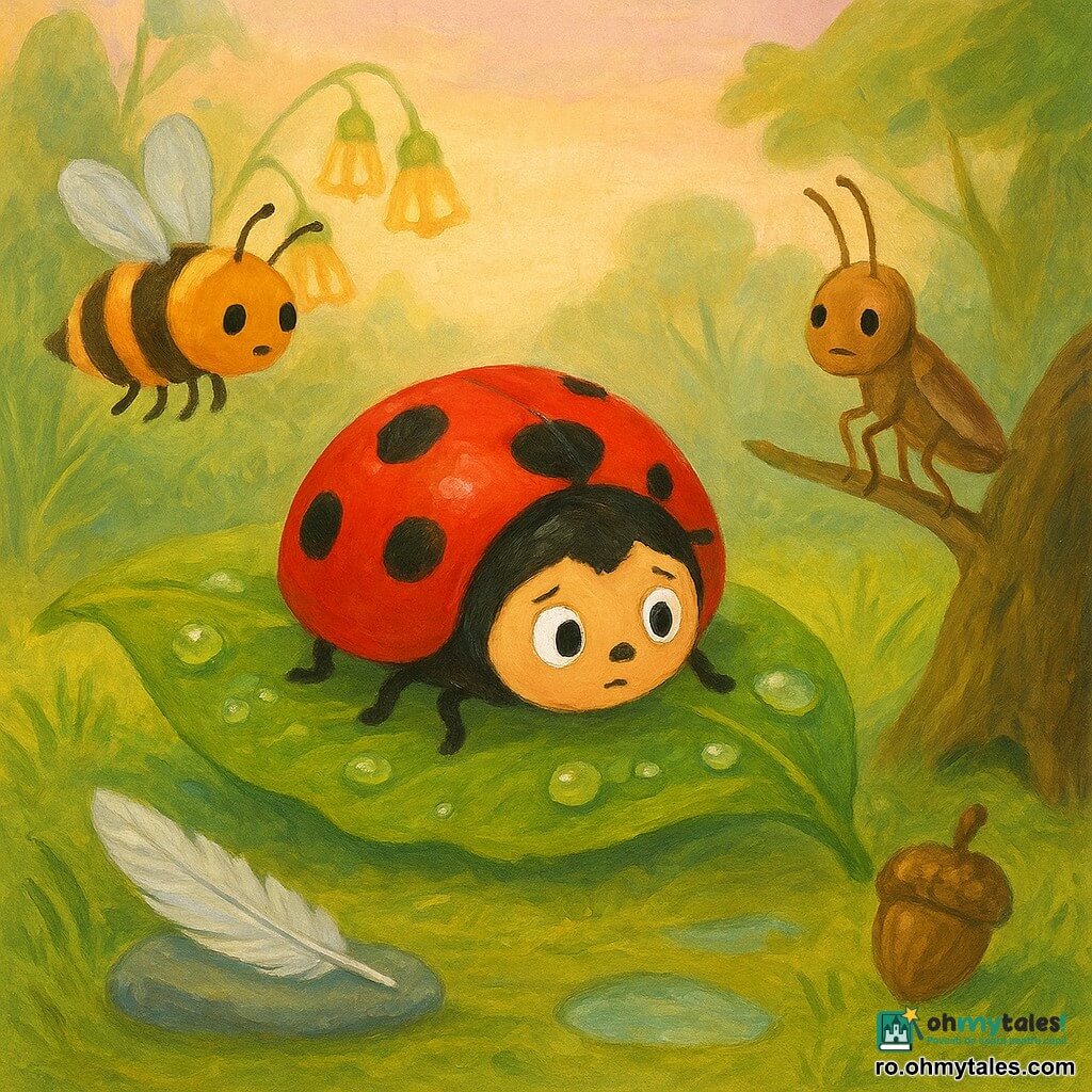 O buburuză numită Rozi, mică și rotundă, carapace roșie cu șapte pete negre, aripi ușor desfăcute, privire îngrijorată și curioasă, stă pe o frunză mare verde lucioasă acoperită de picături de rouă; în fundal clopoțele de flori mici galbene în formă de clopot, închise și ușor irizate; o albină dolofană cu dungi negre și aurii bâjbâie în zbor la stânga, aripi translucide; un greiere maroniu deschis stă pe o crenguță la dreapta, picioarele strânse; la sol trei indicii vizibile: un fir de mătase argintie întins spre un mic pod de frunze, o pană argintie lucioasă pe o piatră lângă o oglindă de apă și un ghindă sculptată înfiptă înaintea unui trunchi gol; lumină de dimineață într-o poieniță blândă, iarbă schițată, mușchi verzui și cer pal roz; stil guașă, culori opace, texturi de pensulă vizibile, contururi moi, atmosferă caldă și magică, compoziție centrată pe Rozi.
