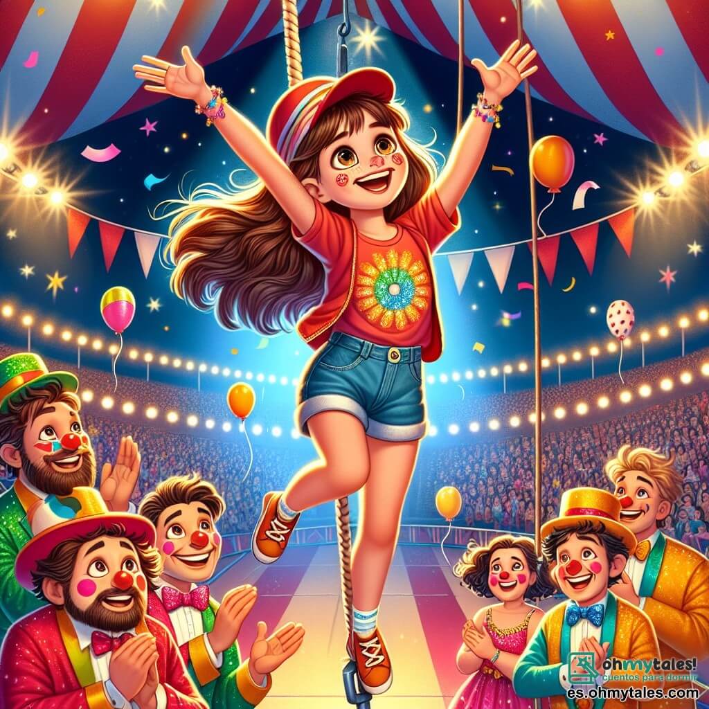 Una niña de 11 años, Clara, está en la cima de un trapecio, con los brazos abiertos y una gran sonrisa en su rostro. Lleva una gorra roja, una camiseta colorida y un short de mezclilla, con su cabello castaño ondeando al viento. Sus ojos brillan de emoción y alegría, mostrando que se siente libre y feliz. A su lado, Javier, un trapecista de unos 30 años con una gran barba y un sombrero de paja, la anima con una amplia sonrisa, suspendido en otra cuerda, listo para atraparla. Abajo, un grupo de payasos coloridos, con caras pintadas y trajes brillantes, aplauden y ríen, creando un ambiente festivo. El lugar es una gran carpa de circo, adornada con rayas rojas y blancas, luces brillantes y un público asombrado que llena los bancos. Globos y confeti flotan en el aire, añadiendo a la magia del momento. La escena principal muestra a Clara, a punto de realizar un audaz salto acrobático, mientras la emoción y la tensión se entrelazan en el aire, capturando el espíritu de aventura y camaradería del circo.