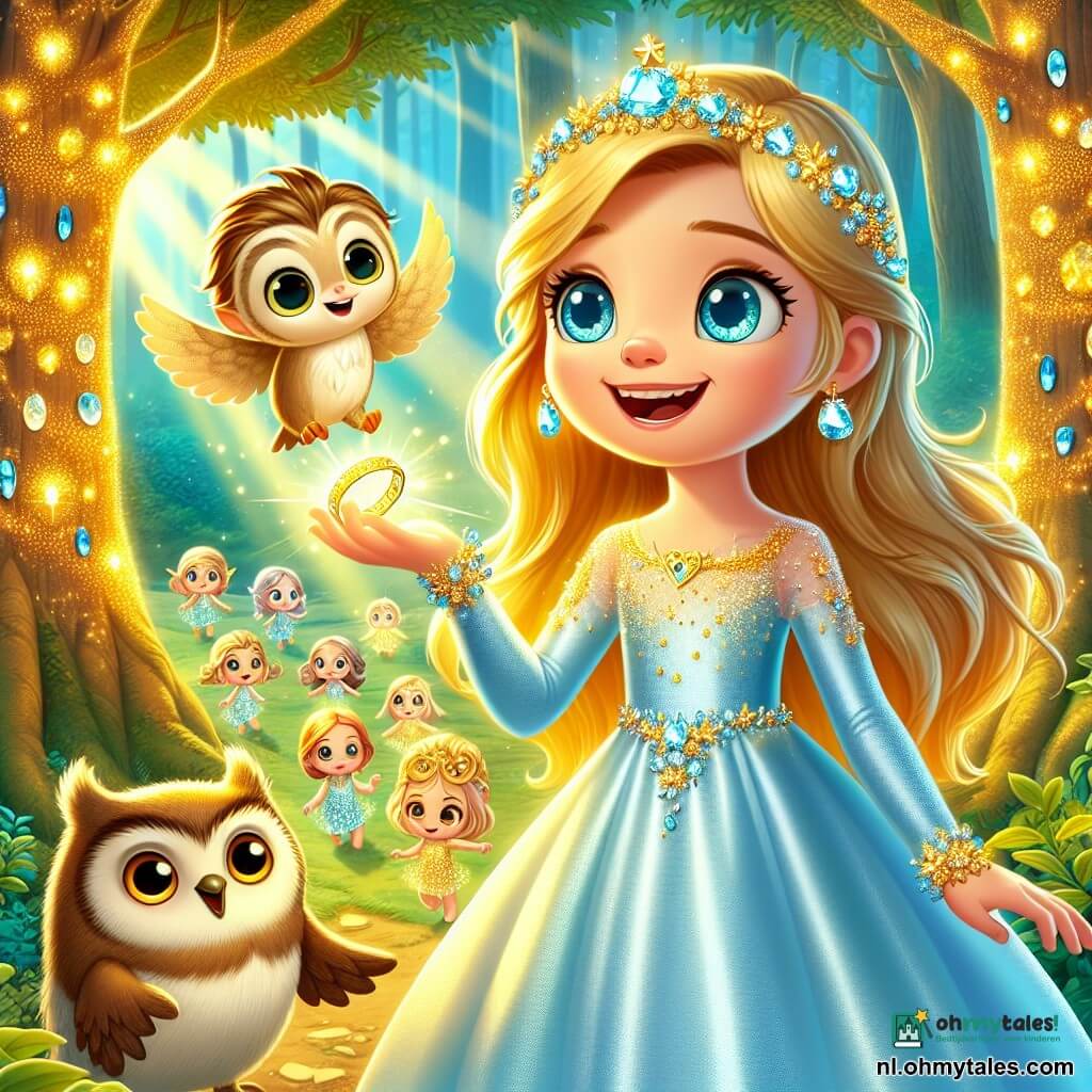 Prinses Elara, een jong meisje met lange gouden haren en sprankelende nieuwsgierige ogen, staat in het midden van de afbeelding, glimlachend en stralend van vreugde. Ze draagt een lichtblauwe satijnen jurk versierd met kleine fonkelende sterren, en ze steekt een hand uit naar een groepje kleine Glinsterlings, haar magische vrienden. Orion, de wijze uil, zit op een tak in de buurt. Hij heeft bruin en gouden veren, met ronde, ondeugende ogen, die de scène vriendelijk gadeslaat. De locatie is een prachtige betoverde bos, waar majestueuze bomen versierd zijn met glinsterende edelstenen en waar stralen van licht door het loof filteren, wat een magische en warme sfeer creëert. De belangrijkste situatie toont Elara die haar kostbare gouden ring aan de Glinsterlings aanbiedt, die om haar heen dansen met gezichten vol blijdschap, terwijl het licht van de ring de scène verlicht met een gouden gloed, wat vriendschap en magie symboliseert.