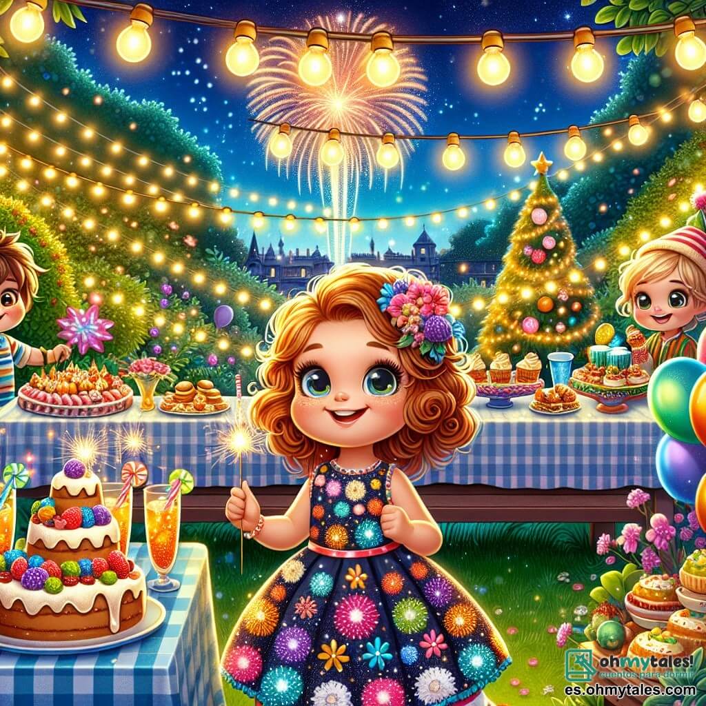 Una niña de 5 años, Clara, con grandes ojos brillantes y cabello rizado castaño, lleva un vestido colorido lleno de alegres motivos. Sonríe con entusiasmo, sosteniendo un gran globo de fiesta en una mano y una pequeña gavilla de fuegos artificiales en la otra, lista para celebrar el Año Nuevo. A su lado está Lucas, un niño de 6 años con cabello rubio desordenado, que decora un árbol de Navidad con guirnaldas brillantes. Más lejos, Sofía, una niña de 5 años con cabello liso y negro, corre alegremente con un sombrero de fiesta en la cabeza, riendo con sus amigos. La escena tiene lugar en un jardín festivo, iluminado por guirnaldas y lleno de globos coloridos. Las mesas están llenas de deliciosos platos y bebidas espumosas, mientras un gran fuego artificial estalla en el cielo estrellado, creando una atmósfera mágica. La situación principal muestra a Clara y sus amigos divirtiéndose juntos, rodeados de decoraciones festivas, listos para recibir el Año Nuevo con risas y juegos, mientras los fuegos artificiales iluminan el cielo nocturno.