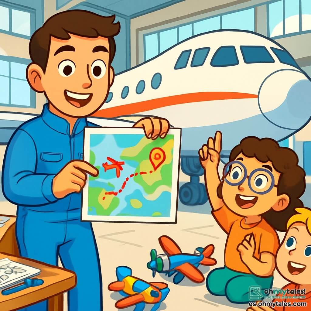 Un joven, Pablo, de unos 22 años, se encuentra frente a un gran avión en un hangar luminoso. Lleva un traje de piloto azul brillante y una sonrisa radiante, con los ojos llenos de emoción. Está mostrando un mapa de vuelo a los niños a su alrededor. Entre los niños, una niña de 8 años, con cabello rizado y gafas, levanta la mano con entusiasmo, mientras que un niño de 7 años, con cabello rubio y ojos brillantes, mira el avión con asombro. Ambos están sentados en el suelo, rodeados de juguetes de avión coloridos. El hangar es espacioso, con paredes blancas y ventanas que dejan entrar la luz del sol, iluminando los aviones estacionados dentro. Herramientas y mapas están esparcidos sobre una mesa cercana, añadiendo un toque de autenticidad al entorno. La escena principal muestra a Pablo explicando a los niños cómo planificar un vuelo, con gestos animados y expresiones alegres, creando una atmósfera de aprendizaje y aventura.