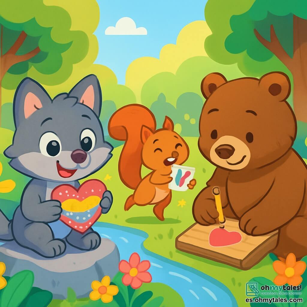 Un pequeño lobo llamado Lucas, con un suave pelaje gris y ojos chispeantes de curiosidad, sonríe alegremente mientras sostiene una tarjeta en forma de corazón decorada con colores vivos. Está sentado en una gran piedra al borde de un arroyo, rodeado de hojas verdes y flores brillantes. A su lado, una pequeña ardilla llamada Sofía, con un pelaje rojo brillante y una cola espesa, salta de alegría, sosteniendo una pequeña tarjeta colorida en sus patas delanteras. Tiene una gran sonrisa y ojos brillantes de emoción. Un poco más lejos, un gran oso llamado Tobías, con pelaje marrón y una expresión concentrada, escribe un poema en un trozo de madera, con la lengua afuera por la determinación. El escenario es un claro soleado, lleno de flores multicolores, con grandes árboles verdes y un arroyo resplandeciente que serpentea suavemente a través del paisaje. La escena irradia una atmósfera alegre y festiva, llena de colores vivos y luz. Lucas y sus amigos están preparando tarjetas para el día de San Valentín, rodeados de risas y emoción, listos para compartir su creatividad y amistad con todos los animales del bosque.