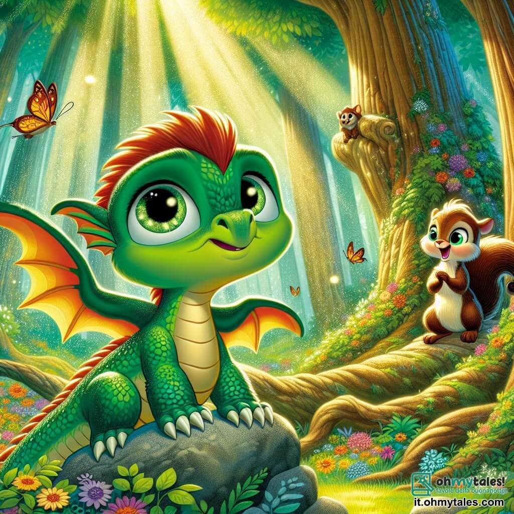 Un piccolo drago verde di nome Drillo, con grandi occhi brillanti e squame scintillanti, si trova su una roccia in cima a un albero, il viso che irradia orgoglio ed eccitazione. Agita le sue piccole ali, pronte a spiccare il volo, mentre un dolce sorriso illumina il suo volto. Accanto a lui, un piccolo scoiattolo marrone di nome Nocciolino, con una coda folta e occhi scintillanti di gioia, applaude con entusiasmo. È seduto su un ramo, guardando Drillo con ammirazione, il viso che esprime grande orgoglio per il suo amico. Il scenario è un magnifico bosco incantato, pieno di alberi con tronchi spessi e fogliame verde brillante, con raggi di sole che filtrano tra le foglie, creando macchie luminose sul terreno. Fiori colorati e farfalle svolazzano attorno, aggiungendo un tocco di magia all'ambiente. La situazione principale mostra Drillo, pronto a provare a volare per la prima volta, circondato dal suo amico Nocciolino che lo incoraggia con uno sguardo ammirato. L'atmosfera è piena di energia positiva e speranza, simboleggiando la fiducia in se stessi e il supporto tra amici.
