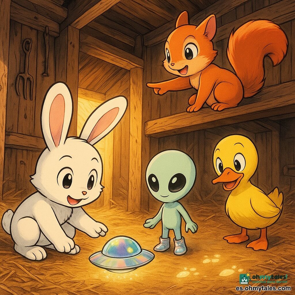 Tito, un conejo blanco de largas orejas y ojos brillantes, se agacha sonriendo y toca con una pata una pequeña nave espacial brillante sobre la paja; Lila, una ardilla roja ágil, curiosa y emocionada, desde una viga señala huellas luminosas en el suelo; Pepe, un pato amarillo de pico naranja, prudente pero divertido, permanece junto a la puerta riendo ligeramente; Zog, un diminuto extraterrestre verde pálido de grandes ojos negros y zapatillas espaciales brillantes, tímido y agradecido, flota al salir de la nave metálica irisada; el granero de madera antigua, bañado por un rayo de sol naranja, con heno dorado esparcido y huellas centelleantes en el suelo, muestra el momento mágico del encuentro y la curiosidad compartida entre amigos.