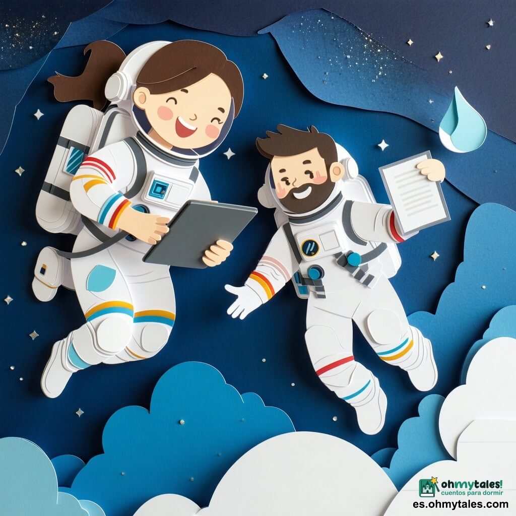 Una astronauta sonriente y concentrada, cabello castaño recogido, rostro redondo, traje blanco y gris con insignias, sostiene una tableta con una lista y una toallita azul para atrapar una gota de agua flotante; junto a ella flota Amir, unos 30 años, cabello negro corto, barba ligera, expresión cómplice, con traje espacial similar y una pequeña lámpara en el brazo; el interior del módulo muestra paredes metálicas crema, paneles con tornillos y etiquetas, cintas de sujeción, tubos y pequeñas pantallas verdes, y una ventana redonda con la Tierra de fondo; en el centro flota una gota brillante rodeada de burbujas y objetos miniatura (una llave, un trozo de cuerda), la astronauta la atrapa suavemente en una atmósfera cálida y lúdica.