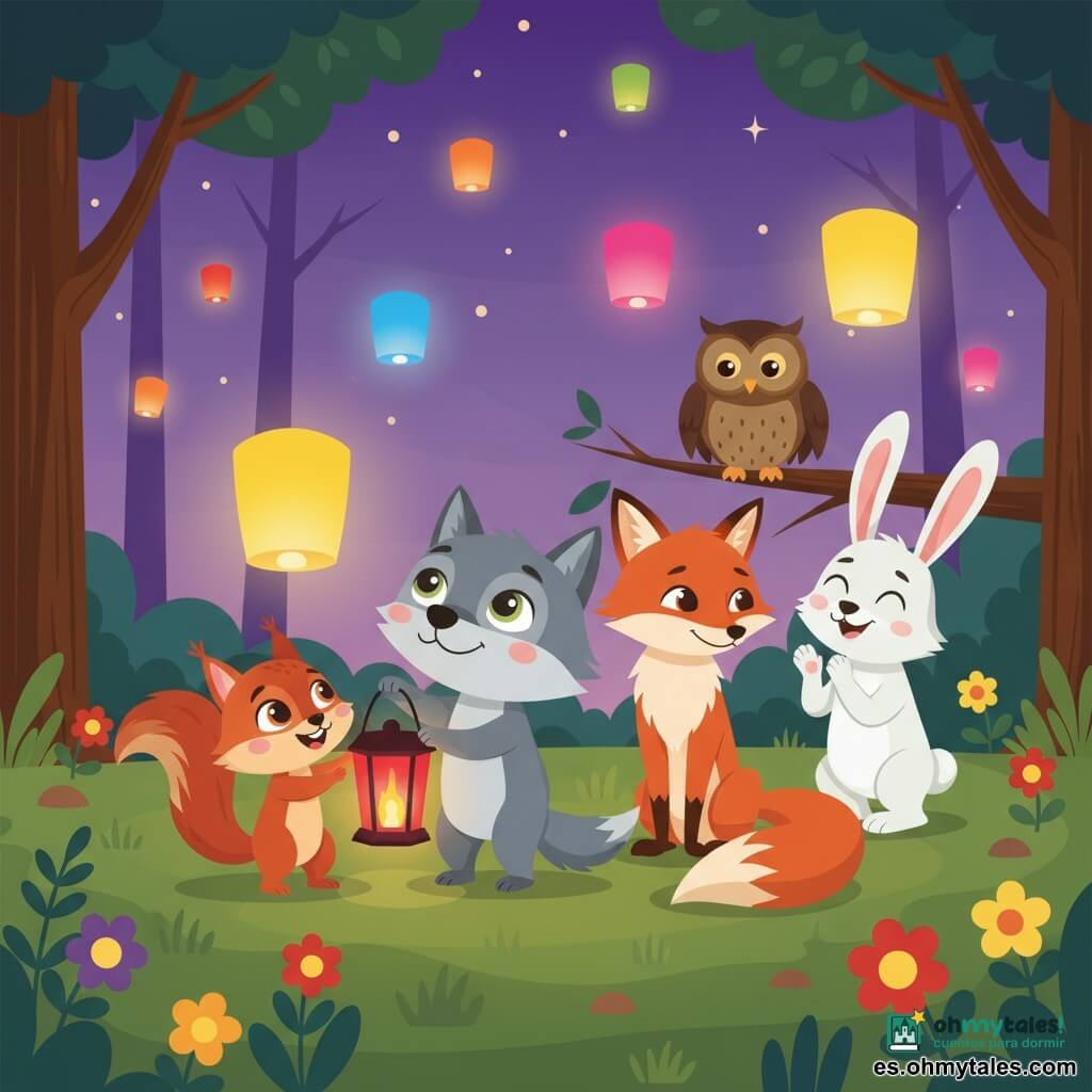 El protagonista es Lucas, un pequeño lobo gris de rostro redondo y ojos grandes, sosteniendo una linterna roja y mirando el cielo; a su derecha, Zorro, un zorro rojizo de rasgos finos, tímido y sonriente; a la izquierda, Ardilla, una vivaz ardilla pelirroja ayudando con una linterna amarilla, confiada y alegre; detrás, Conejo, un conejo blanco de largas orejas aplaudiendo; el sabio búho, grande y marrón, observa desde una rama. Ambientado en una clara de bosque al crepúsculo con hierba, flores y árboles oscuros, lanternas flotantes multicolores iluminan un cielo violeta estrellado. La escena muestra amistad, inclusión y una atmósfera mágica y pacífica, con colores vivos y formas sencillas.