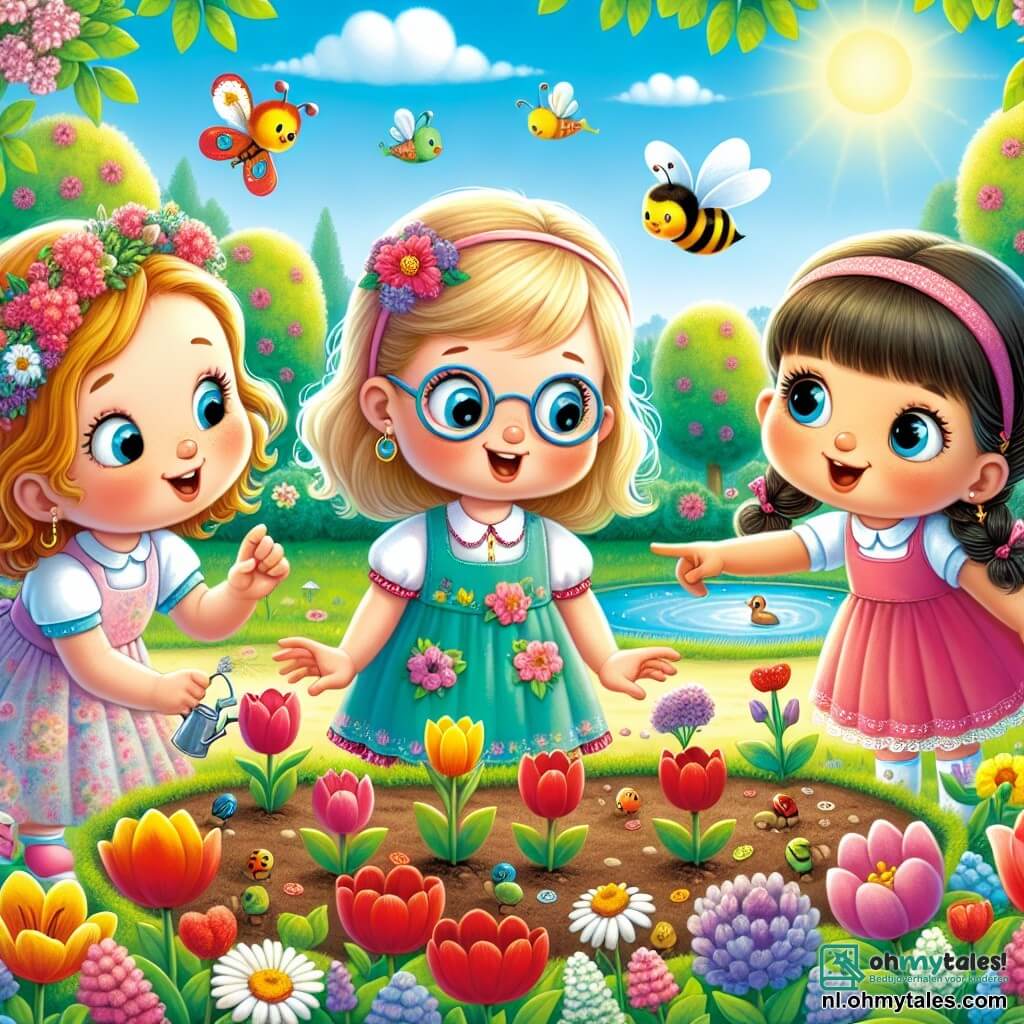 Drie kleine meisjes, Emma, Lotte en Noor, staan in een zonnig park. Emma, een 7-jarig meisje met blond haar en een bril, kijkt verwonderd naar een bij die om een kleurrijke bloem vliegt. Lotte, een 6-jarig meisje met bruin haar en een roze jurk, wijst naar een vogel die in de blauwe lucht vliegt. Noor, een 5-jarig meisje met zwart haar en een klein vlechtje, hurkt om de zaadjes die ze net hebben geplant water te geven. Het park is vol met stralende bloemen, rode en gele tulpen, en groene bomen. De zon schijnt hoog aan de hemel en kleurrijke vlinders dansen rond de bloemen. Een kleine vijver glinstert in de verte, waar een eend vredig zwemt. De drie meisjes zijn vrolijk en nieuwsgierig, terwijl ze de wonderen van de lente ontdekken.