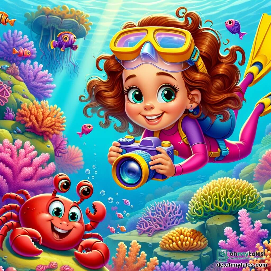 Ein 8-jähriges Mädchen namens Lina mit welligem kastanienbraunem Haar und neugierigen Augen schwimmt fröhlich in kristallklarem Wasser, ein erstaunter Ausdruck auf ihrem Gesicht. Sie trägt einen rosa Taucheranzug und gelbe Flossen und hält eine große Unterwasserkamera in den Händen. Neben ihr klettert eine kleine rote Krabbe namens Karla mit schelmischen Augen und agilen Scheren auf einen bunten Stein und schaut begeistert zu Lina. Etwas weiter entfernt schwebt ein alter Oktopus namens Opa Otto mit bunten Tentakeln friedlich und beobachtet die beiden Freunde mit einem wohlwollenden Lächeln. Die Szenerie zeigt ein wunderschönes Korallenriff, das mit lebhaften, bunten Korallen von Rosa bis Violett gefüllt ist, und kleinen tropischen Fischen, die um sie herumschwimmen und eine magische, lebendige Atmosphäre schaffen. Lina, fasziniert, entdeckt die Unterwasserwelt, umgeben von ihren neuen Freunden, die bereit sind, gemeinsam diese faszinierende Welt zu erkunden.