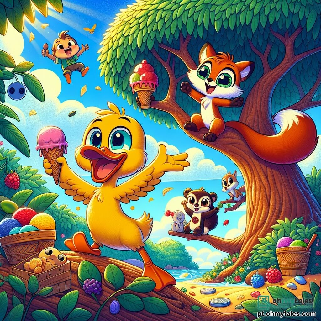 Um pato chamado Quico, com penas amarelas brilhantes e um sorriso travesso, está no topo de um majestoso pé de feijão, com os braços abertos em sinal de alegria, cercado por folhas verdes luxuriantes. Ao seu lado, Rena, uma raposa astuta com pelagem ruiva e olhos maliciosos, levanta uma pata segurando um cone de sorvete, rindo de felicidade. Um pouco mais adiante, Tico, um esquilo pequeno com olhos brilhantes e cauda fofa, balança em um galho, segurando um sorvete de framboesa, enquanto Olívia, uma sábia coruja com penas marrons e grandes olhos redondos, os observa com um sorriso afetuoso, empoleirada em um galho. O céu é de um azul vibrante, salpicado de nuvens brancas e fofas, e a caverna do tesouro, cheia de potes de sorvete coloridos, está logo atrás deles, iluminada por raios de sol dourados. A cena irradia uma atmosfera de alegria e amizade, capturando o momento em que os amigos descobrem seu tesouro doce após uma emocionante aventura.