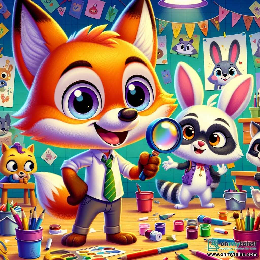 A small fox named Felix, with bright orange fur and sparkling curious eyes, stands at the center of the image, a joyful smile on his face, holding a magnifying glass in his paw. To his right, an adorable rabbit named Lily, with large ears and white fur, looks at Felix in wonder, her eyes shining with excitement as she holds a colored pencil. On the left, Benny, a small raccoon with a black mask around his eyes and gray fur, lights up the scene with a small flashlight, showing a determined expression. 

The setting is an art room in a school, filled with vibrant colors: scattered paint pots, messy brushes, and a large whiteboard displaying animal drawings. 

The main situation shows Felix and his friends discovering a mystery, surrounded by scattered art supplies, as they prepare to solve the problem of the missing supplies, with expressions of excitement and adventure on their faces.