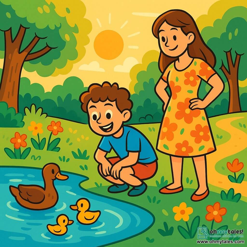 A 10-year-old boy with curly brown hair and sparkling curious eyes is crouched by a pond. He wears a bright blue t-shirt and red shorts, displaying a wide, amazed smile. Next to him, his mother, a woman around 35 with long brown hair, dressed in a light floral dress, tenderly watches the ducks swim, standing slightly back with her hands on her hips. The setting is a green park bathed in the golden light of the setting sun, with majestic trees and colorful flowers scattered on the ground. The main scene shows the boy fascinated by the ducks gliding on the water, while sunbeams dance on the lake's surface, creating a magical and joyful atmosphere, far from screens.