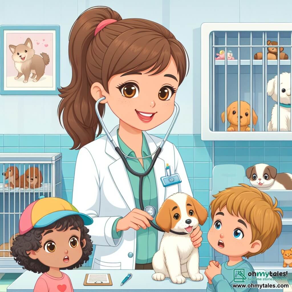 Dr. Clara Fields is a veterinarian in her thirties, with brown hair tied back in a ponytail, wearing a slightly fur-stained white coat. She has a warm smile and compassionate sparkling eyes as she gently examines a small puppy with bright eyes using a stethoscope. Next to her, an 8-year-old boy named Tommy, with curly hair and a colorful cap, watches in awe while taking notes in a small notebook. A little further away, a 7-year-old girl named Sarah, with long blonde hair, looks worried, clutching a stuffed toy, ready to help her best friend. The scene takes place in a welcoming veterinary clinic with pastel blue walls, animal posters, and scattered toys on the floor. Transparent cages house curious animals, while soft natural light filters through the windows. The main focus shows Dr. Clara caring for an injured puppy, surrounded by Tommy and Sarah, who are learning to become future veterinarians by helping her with tenderness and care.