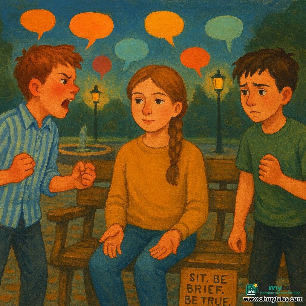 A 12-year-old girl with light brown hair in a loose braid, a round face, calm attentive eyes and a soft focused expression wears a mustard-blue sweater and canvas trousers, sitting slightly back on a worn wooden bench with hands open on her knees and listening as two 12-year-old boys argue: the left one red-faced with furrowed brows, clenched fists and a striped shirt speaks heatedly, the right one in a green tee with trembling hands and hunched shoulders averts his gaze, while the personified bench with a chipped armrest and an engraved plate reading SIT. BE BRIEF. BE TRUE. leans toward them; the scene is a small cobbled square at dusk with a round fountain, warm lamplight and colorful speech bubbles floating like voices, centered composition, soft colors, warm contrasts, visible gouache textures and a calm, intimate atmosphere.