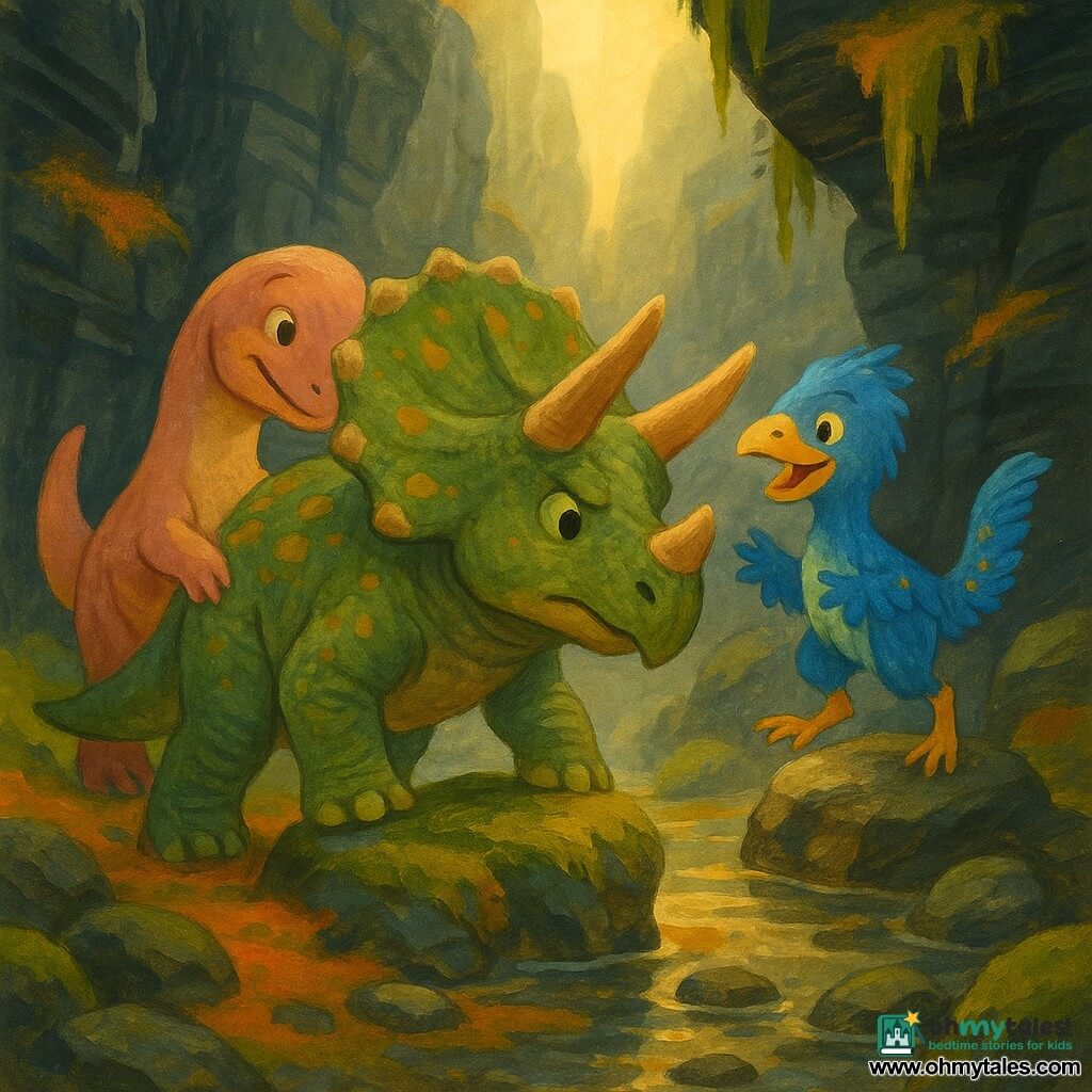 A young brave triceratops with a wide frill and sharp horns, rough moss-green hide with ochre spots, determined yet gentle expression, pausing with a foot on a mossy stone as if listening to the ground; a small smiling hadrosaur friend with smooth sandy-pink skin stands just behind, nudging him encouragingly with her muzzle; a playful sky-blue feathered deinonychus with yellow spots leaps onto a rock to the right, making lively reassuring gestures; the setting is a narrow black basalt gorge with striated walls, orange phosphorescent moss, green lichens, light mist, moss-covered stalactites and a rocky floor with reflective puddles; the three enter the gorge in soft golden rays, an atmosphere of adventure and confidence, warm colors and visible gouache brush textures.