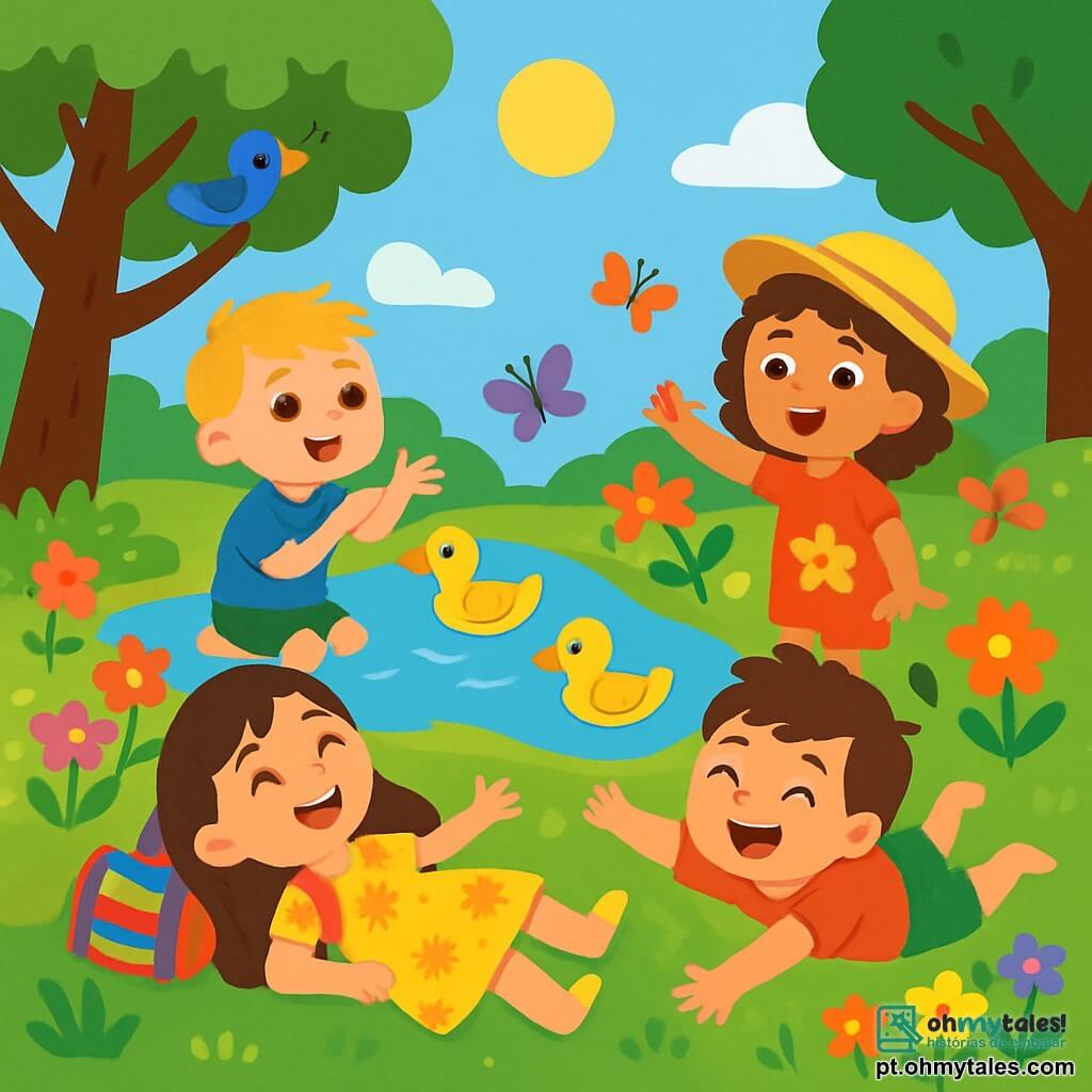 Há 4 crianças: Ana, uma menina de 7 anos com longos cabelos castanhos e olhos brilhantes, vestindo um vestido amarelo com flores e segurando uma mochila colorida, deitada na grama rindo com os amigos; Tomás, um menino de 6 anos com cabelos loiros bagunçados e uma camiseta azul, sentado perto do lago imitando os patos; Maria, uma menina de 6 anos com cabelos cacheados e um chapéu de palha, em pé observando as borboletas ao redor das flores coloridas; e João, um menino de 5 anos com cabelos castanhos e um short verde, deitado de barriga para baixo fazendo de conta que nada na grama. O cenário é um parque ensolarado, cheio de flores vibrantes e um grande lago brilhante no centro, com árvores majestosas proporcionando sombra e pássaros cantando alegremente. A cena principal mostra as crianças se divertindo juntas, deitadas na grama, rindo e brincando de imitar os patos que nadam no lago, cercadas por flores e borboletas.