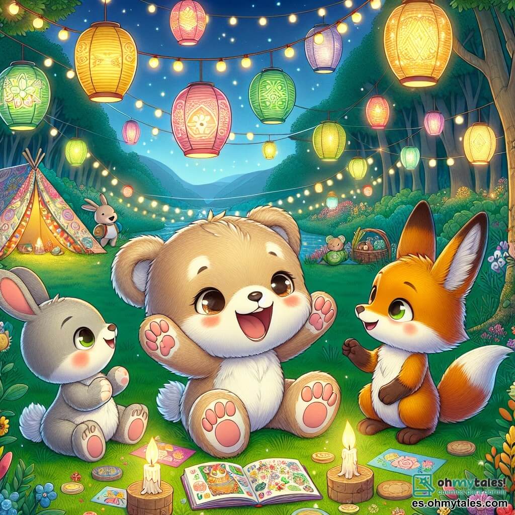 Un pequeño oso de peluche sonriente, con un pelaje suave y ojos brillantes, está sentado en el centro de un campamento colorido, rodeado de farolitos de papel iluminados. Observa con asombro las decoraciones que ha creado con sus amigos, con los brazos abiertos en señal de alegría. A su lado, una pequeña liebre de grandes orejas, con pelaje marrón claro y ojos chispeantes, salta de felicidad sosteniendo un farolito de papel colorido. Un pequeño zorro de pelaje naranja brillante, con una cola esponjosa, se encuentra un poco más atrás, sonriendo y sosteniendo un libro ilustrado sobre las tradiciones japonesas. El campamento está ubicado en un claro verde, rodeado de majestuosos árboles, donde guirnaldas de luces brillan entre las ramas. La escena muestra a los amigos reunidos para celebrar un festival inspirado en culturas del mundo, con faroles iluminados, risas y cuentos compartidos, llenos de alegría contagiosa y hermosa camaradería.