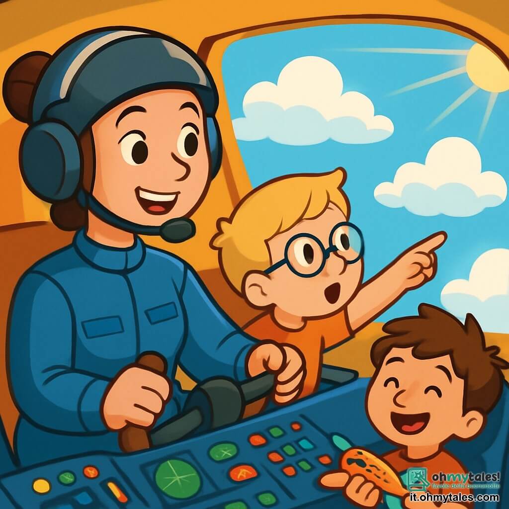 Una pilota sorridente, con i capelli castani raccolti in uno chignon, indossa una tuta da volo blu e un casco. Si trova nella cabina di pilotaggio di un aereo, con gli occhi scintillanti di eccitazione, mentre tiene il volante con sicurezza. Accanto a lei, un ragazzo di 8 anni, con capelli biondi e occhiali, guarda con meraviglia dalla finestra, indicando le nuvole a forma di cotone. Un altro ragazzo, di 7 anni, con i capelli castani arruffati, è seduto sul sedile posteriore, con un ampio sorriso sul viso, mentre tiene un giocattolo di aereo tra le mani. La cabina è piena di luci colorate, pulsanti e strumenti brillanti, con una vista spettacolare su un cielo blu intenso e nuvole bianche soffici. La scena principale mostra la pilota che spiega ai bambini come volare, mentre fluttuano gioiosamente nel cielo, circondati da paesaggi magnifici e raggi di sole dorati.