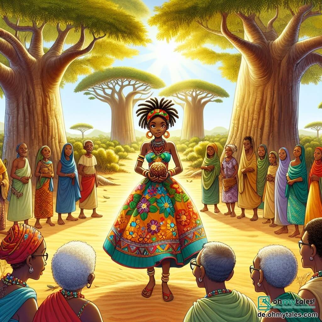 Illustration einer sonnigen Lichtung im Herzen der afrikanischen Savanne, umgeben von majestätischen Baobabs mit breiten, knorrigen Stämmen, deren grüne Blätter sanft im Wind tanzen. In der Mitte der Szene steht eine junge Frau mit strahlend brauner Haut, die ein buntes traditionelles Kleid mit lebhaften Mustern trägt. Ihre Haare sind sorgfältig geflochten, und sie hält fest einen glänzenden Frucht in ihren Händen, ein Symbol für Weisheit und Gerechtigkeit. Um sie herum versammeln sich mehrere Dorfbewohner, Männer und Frauen mittleren Alters. Sie haben ausdrucksvolle Gesichter, geprägt von Erfahrung und Neugier, tragen Kleidung aus natürlichen Stoffen, und einige tragen bunte Perlenketten. Sie schauen die junge Frau bewundernd und hoffnungsvoll an und erwarten gespannt die Botschaft, die sie teilen wird. Die Hauptsituation zeigt die junge Frau in der Mitte der Lichtung, bereit, das Geheimnis der Frucht, die sie von ihrer Reise mitgebracht hat, zu enthüllen. Sonnenstrahlen filtern durch die Blätter der Bäume und schaffen eine warme, magische Atmosphäre, während bunte Vögel am blauen Himmel fliegen und dieser lebendigen Szene von Gemeinschaft und Weisheit einen Hauch von Leben verleihen.