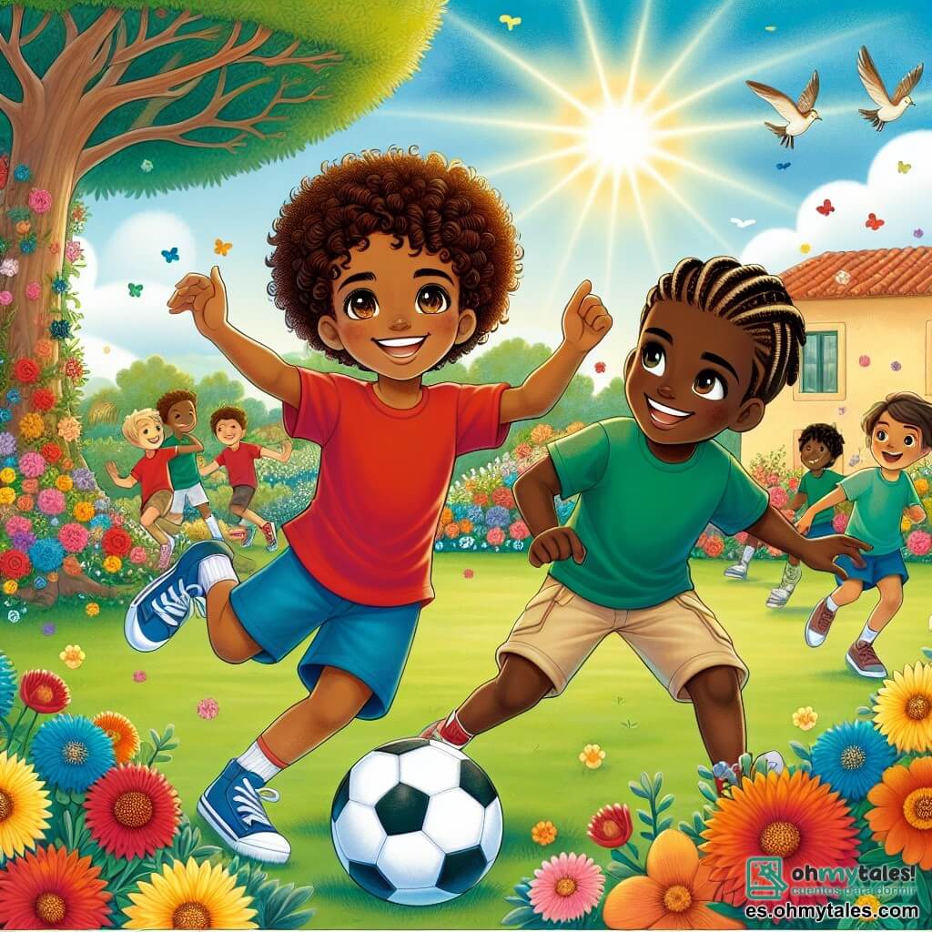 Ilustración que representa un parque soleado de Villa Colorida, donde flores multicolores florecen alrededor de un gran árbol. En el centro, un niño de 9 años, con cabello castaño y rizado, y ojos llenos de curiosidad, juega con un balón de fútbol. Lleva una camiseta roja y un pantalón corto azul, y su sonrisa radiante muestra su entusiasmo. A su lado, otro niño de 9 años, con piel oscura y trenzas que caen sobre sus hombros, hace un gesto de celebración tras haber regateado el balón. Viste una camiseta verde y un pantalón beige, y su rostro está iluminado por una gran sonrisa. La escena captura el momento en que los dos amigos se divierten juntos, compartiendo risas y juegos, simbolizando la amistad y la diversidad. Al fondo, otros niños de diferentes orígenes étnicos juegan juntos, reforzando la idea de unidad en la diversidad. El cielo es azul con algunas nubes blancas, y pájaros vuelan alegremente sobre ellos, añadiendo un toque de vida a este hermoso día.