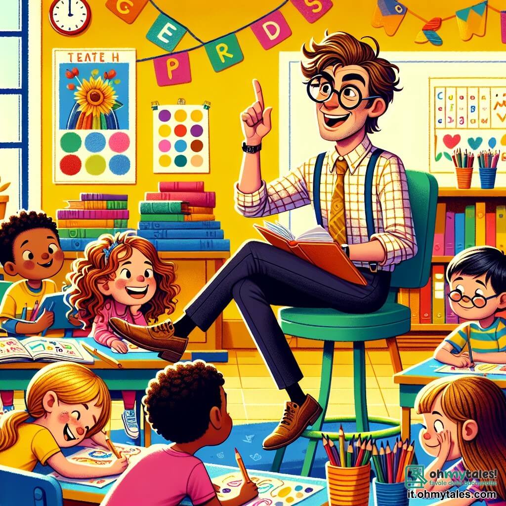 Illustrazione che rappresenta un'aula luminosa e colorata, con pareti dipinte di giallo e poster di lettere e numeri appesi. Al centro, un uomo sorridente, di circa trent'anni, con capelli castani e occhiali rotondi, è seduto su una sedia colorata, circondato da libri e matite. Indossa una camicia a quadri e pantaloni blu. Sta spiegando qualcosa con entusiasmo, le braccia aperte, catturando l'attenzione dei suoi alunni. Davanti a lui, diversi bambini di circa 7-8 anni sono seduti ai loro banchi. Una ragazza dai capelli ricci e castani, con una maglietta rosa, alza la mano con un grande sorriso, mentre un ragazzo dai capelli biondi e corti, indossando una maglietta blu, guarda il suo disegno con concentrazione. Un'altra bambina, con capelli lisci e neri, è china sul suo banco, colorando con le matite. La scena mostra un momento gioioso e interattivo, dove l'insegnante incoraggia i suoi alunni a condividere le loro idee e a disegnare ciò che amano a scuola. Matite colorate e fogli di carta sono sparsi sui banchi, aggiungendo un tocco di creatività e dinamismo all'illustrazione.
