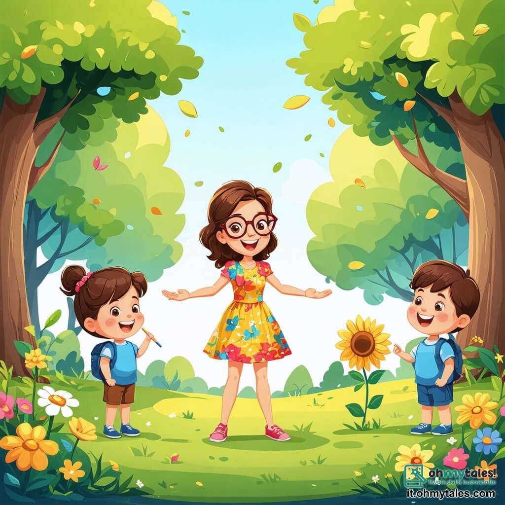 Illustrazione che rappresenta una scena soleggiata in un parco verdeggiante, con grandi alberi dalle foglie brillanti di verde e fiori colorati sparsi sull'erba morbida. Al centro dell'immagine, una donna sorridente, vestita con un abito colorato e scarpe comode, è in piedi con le braccia aperte, circondata dai suoi alunni. Ha capelli castani ondulati e occhiali rotondi che le conferiscono un'aria amichevole e accogliente. Intorno a lei, diversi bambini di circa 6-8 anni, un ragazzo biondo con occhi scintillanti che tiene un piccolo quaderno e una matita, e una ragazza con capelli ricci e un grande sorriso che si avvicina a un bel girasole. I bambini ridono ed esplorano il parco, alcuni si accovacciano per osservare i fiori, mentre altri guardano gli uccelli sugli alberi. La scena principale mostra la donna che spiega ai bambini l'importanza della natura, con espressioni di curiosità e meraviglia sui loro volti. Sullo sfondo, si può vedere un cielo azzurro chiaro punteggiato da alcune nuvole bianche e farfalle colorate che volano intorno ai fiori, aggiungendo un tocco di magia a questa giornata di apprendimento all'aperto.
