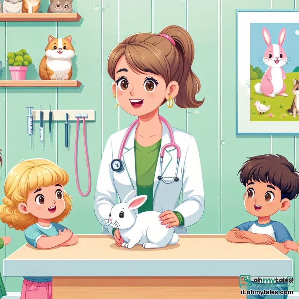 Illustrazione che rappresenta una sala di consultazione di un veterinario, luminosa e colorata, con pareti dipinte di verde pastello e manifesti di animali sorridenti appesi. Al centro, un grande tavolo in legno chiaro è circondato da vari strumenti veterinari e giocattoli per animali. Il personaggio principale è una veterinaria di circa trent'anni, con capelli castani legati in una coda di cavallo, che porta un sorriso caloroso. Indossa un camice bianco e tiene uno stetoscopio in mano, inclinata con attenzione verso un adorabile coniglietto bianco sul tavolo. Intorno a lei, un gruppo di quattro bambini, di età compresa tra 8 e 10 anni, osserva con meraviglia. Una ragazza dai capelli biondi e ricci, con una maglietta rosa, tende la mano per accarezzare il coniglietto, mentre un ragazzo dai capelli castani e lisci, vestito con una maglietta blu, ascolta con fascinazione le spiegazioni della veterinaria. La situazione principale mostra la veterinaria che spiega ai bambini come prendersi cura degli animali, con espressioni di curiosità ed eccitazione sui loro volti. Giocattoli a forma di animali e accessori per la cura degli animali sono sparsi intorno a loro, aggiungendo un tocco ludico alla scena.