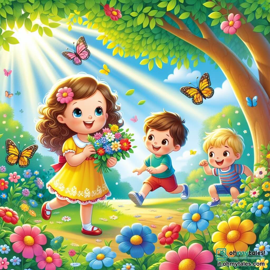 Illustrazione che rappresenta un parco in piena fioritura in primavera, con alberi dalle foglie verdi brillanti e fiori colorati sparsi sul terreno. Al centro dell'immagine, una ragazza di circa 7 anni con capelli ricci e un vestito giallo, sorridente, tiene un mazzo di fiori tra le mani. Accanto a lei, un ragazzo di circa 8 anni, con capelli castani e una maglietta blu, corre felicemente cercando di catturare una farfalla blu che vola intorno a lui. Un altro ragazzo, di circa 6 anni, con capelli biondi e pantaloni corti rossi, osserva attentamente un grande fiore rosa. L'atmosfera è gioiosa e soleggiata, con raggi di luce che filtrano tra i rami degli alberi e farfalle colorate che danzano nell'aria.