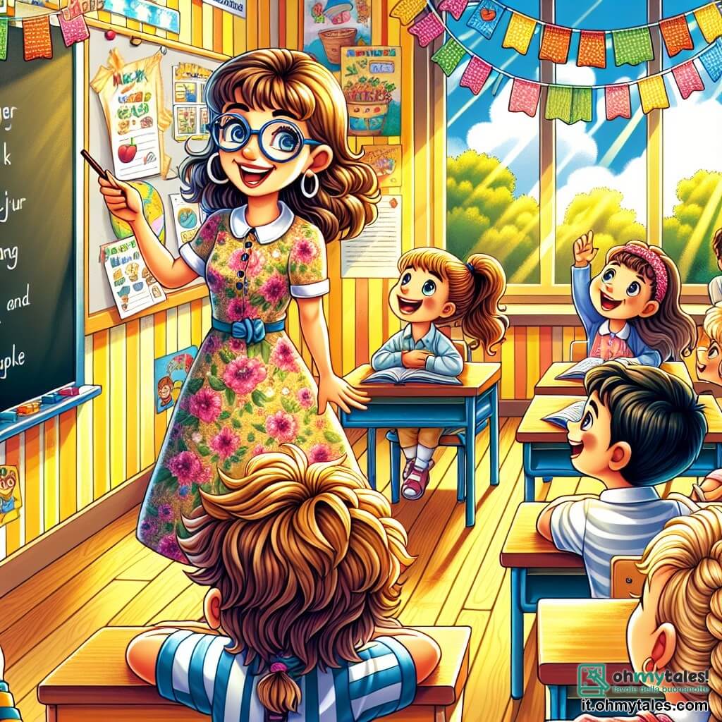 Illustrazione che rappresenta un'aula colorata e soleggiata, con pareti dipinte di giallo vivo e manifesti educativi appesi. Al centro, una grande finestra lascia entrare la luce, illuminando i banchi di legno dove sono seduti dei bambini. Il personaggio principale è una donna, un'insegnante sorridente con capelli castani raccolti in una coda di cavallo. Indossa un abito floreale e occhiali rotondi, e si trova davanti a una lavagna nera, tenendo un gesso in una mano, mentre spiega con entusiasmo un progetto per la festa di fine anno. Tra i personaggi secondari, un ragazzo di circa 8 anni con capelli ricci e un'energia travolgente alza la mano, impaziente di condividere le sue idee. Accanto a lui, una ragazza della stessa età, con occhi scintillanti e una treccia, guarda con ammirazione l'insegnante, pronta a cantare una canzone. La situazione principale mostra l'insegnante che incoraggia i suoi alunni a condividere le loro idee per la festa, creando un'atmosfera gioiosa e collaborativa. Elementi grafici aggiuntivi includono decorazioni colorate di carta appese al soffitto, libri impilati sui banchi e sorrisi radiosi sui volti dei bambini, illustrando l'eccitazione e l'entusiasmo dell'apprendimento.