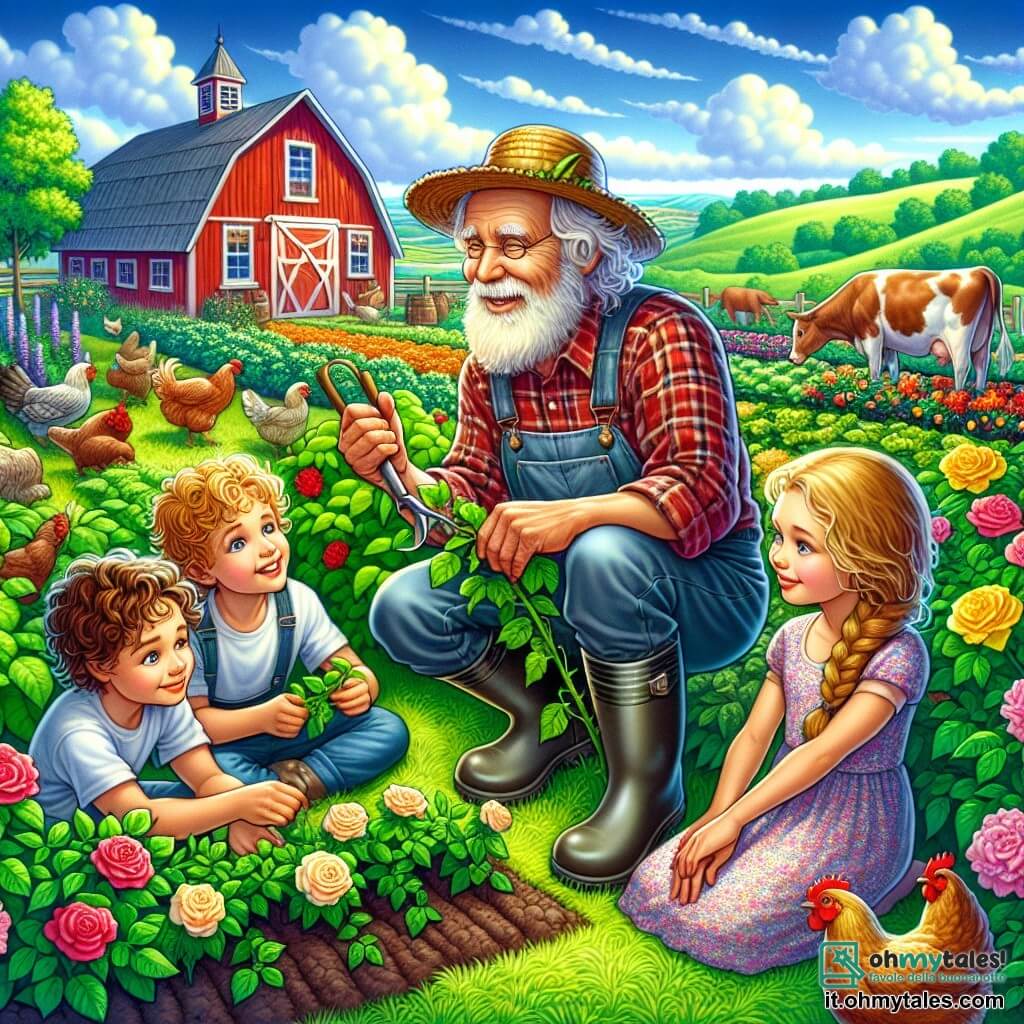 Illustrazione che rappresenta un incantevole giardino di fattoria, pieno di fiori colorati e verdure fresche. Sullo sfondo si intravede un vecchio fienile di legno rosso, circondato da colline verdi sotto un cielo blu splendente. Un uomo anziano, con una lunga barba bianca come la neve e occhi brillanti di saggezza, sta potando delle rose. Indossa una camicia a quadri, un cappello di paglia e stivali di gomma. Accanto a lui, un gruppo di tre bambini, due ragazze e un ragazzo, di circa 7-10 anni, sono seduti sull'erba. Le ragazze, una con capelli ricci e l'altra con una treccia, indossano abiti colorati, mentre il ragazzo, con capelli castani in disordine, è vestito con una maglietta e pantaloni corti. Ascoltano attentamente l'uomo, con gli occhi brillanti di meraviglia, mentre racconta storie della vita in fattoria. Animali da fattoria, come galline che beccano il terreno e una mucca che pascola tranquillamente, aggiungono vita alla scena.