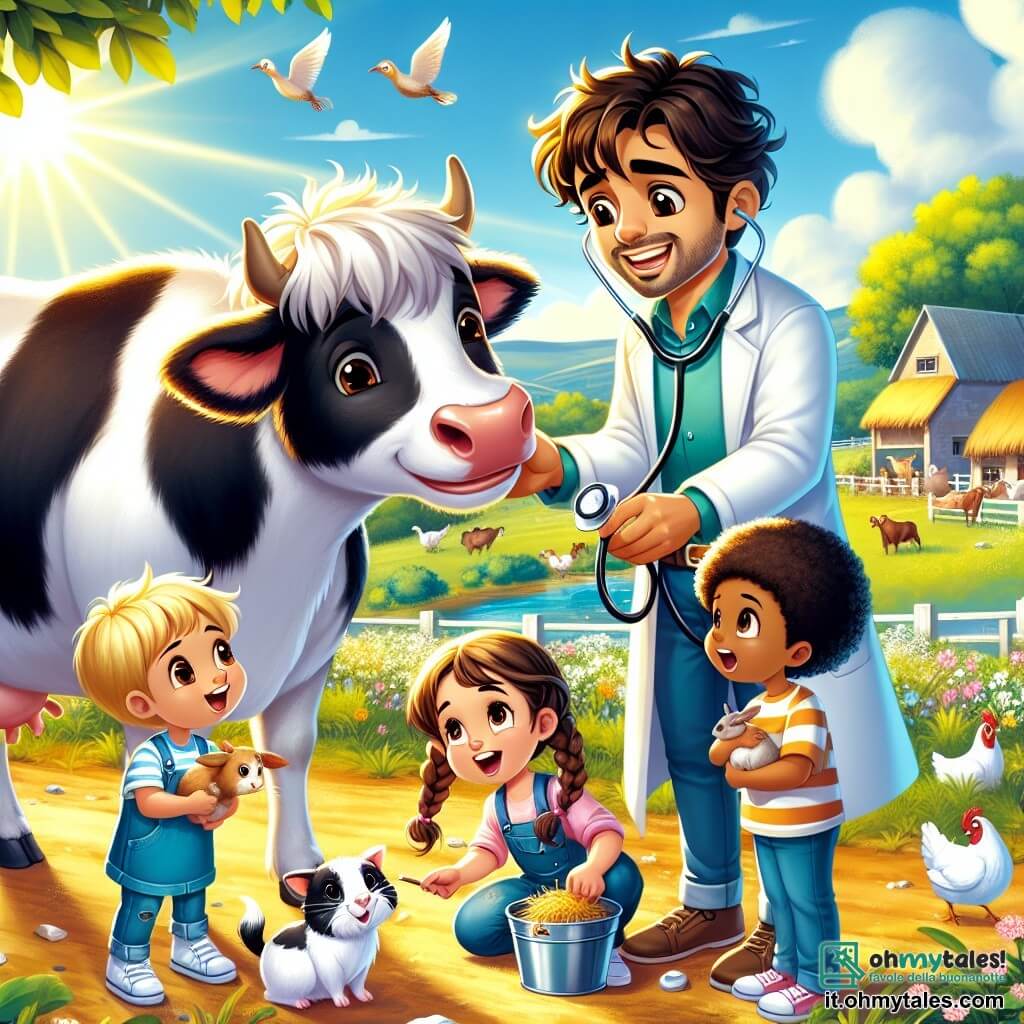 Illustrazione che rappresenta una bella fattoria soleggiata con campi verdi e animali felici. Al centro, un uomo sorridente di circa trent'anni, con capelli castani disordinati e indossando un camice bianco da veterinario, si avvicina a una mucca dal pelo bianco e nero. Tiene uno stetoscopio in una mano e un piccolo secchio pieno di cibo nell'altra, pronto a prendersi cura dell'animale. Intorno a lui, tre bambini di circa 8-10 anni lo guardano con meraviglia: una ragazza con capelli biondi intrecciati che accarezza un coniglietto, un ragazzo con capelli castani ricci che tiene una carota per attirare gli animali, e un altro ragazzo con capelli corti che osserva attentamente il veterinario. La scena mostra il veterinario che rassicura la mucca, mentre i bambini si impegnano gioiosamente nella cura degli animali. Sullo sfondo si vedono alberi in fiore, galline che beccano il terreno e un cielo blu punteggiato di nuvole bianche. L'atmosfera è calorosa e piena di vita, illustrando l'amore e l'attenzione che si riservano agli animali nella fattoria.
