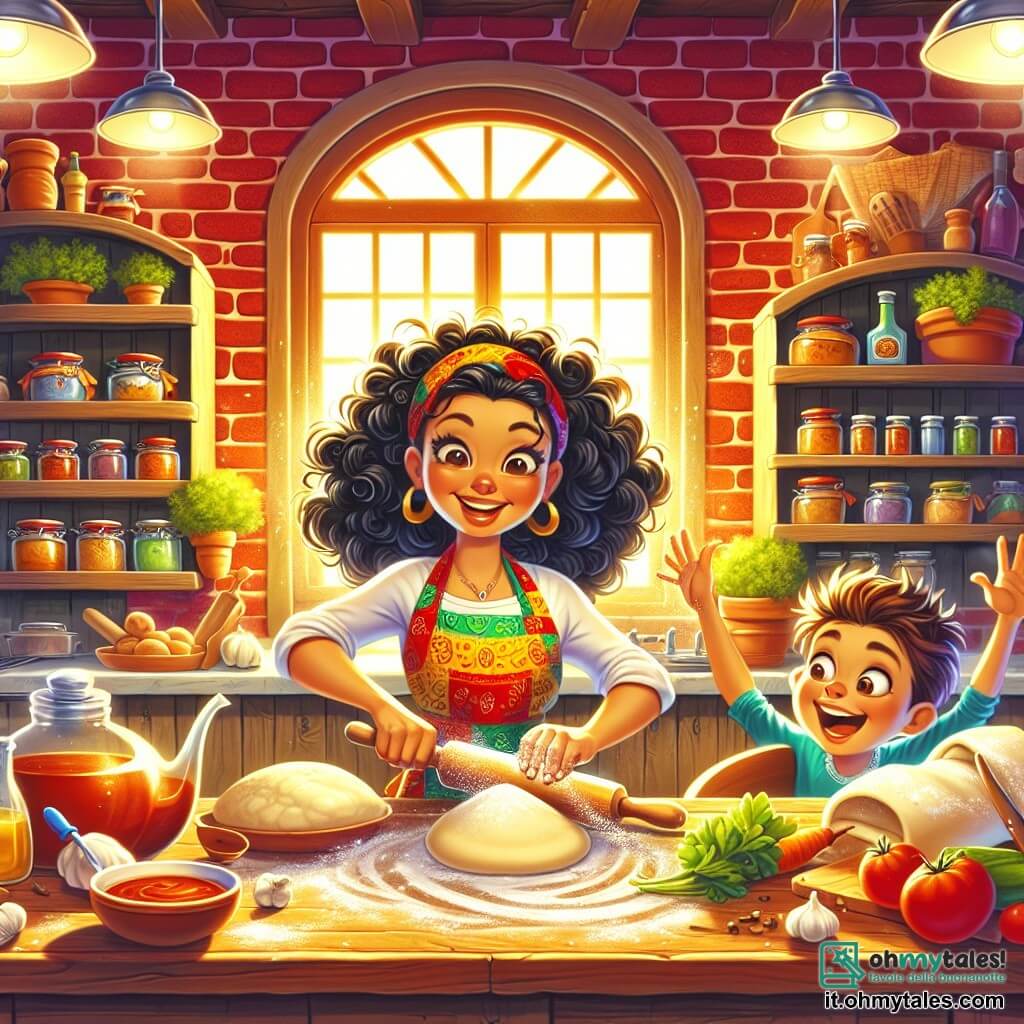 Illustrazione che rappresenta una cucina italiana calda e vivace, con muri in mattoni rossi e scaffali in legno pieni di barattoli di spezie colorate. Al centro, un grande tavolo in legno è coperto di farina, verdure fresche e utensili da cucina scintillanti. Il personaggio principale è una donna energica, con capelli neri e ricci che danzano attorno al suo viso sorridente. Indossa un bel grembiule colorato, macchiato di farina e salsa, e sta impastando con entusiasmo, con le mani piene di farina. Accanto a lei, un giovane ragazzo di circa 10 anni, con capelli castani e occhi pieni di curiosità, osserva attentamente. Ha un ampio sorriso e tiene un mattarello, pronto ad aiutare. La scena principale mostra la donna mentre prepara un piatto speciale, con ingredienti sparsi attorno a lei, mentre il ragazzo la incoraggia con ammirazione. Raggi di luce filtrano dalla finestra, illuminando la scena e creando un'atmosfera gioiosa e conviviale. Ulteriori dettagli includono erbe fresche sul tavolo, un libro di ricette aperto accanto a loro e un gatto curioso che si infila tra le loro gambe, aggiungendo un tocco di vita a questa scena di cucina vivace.