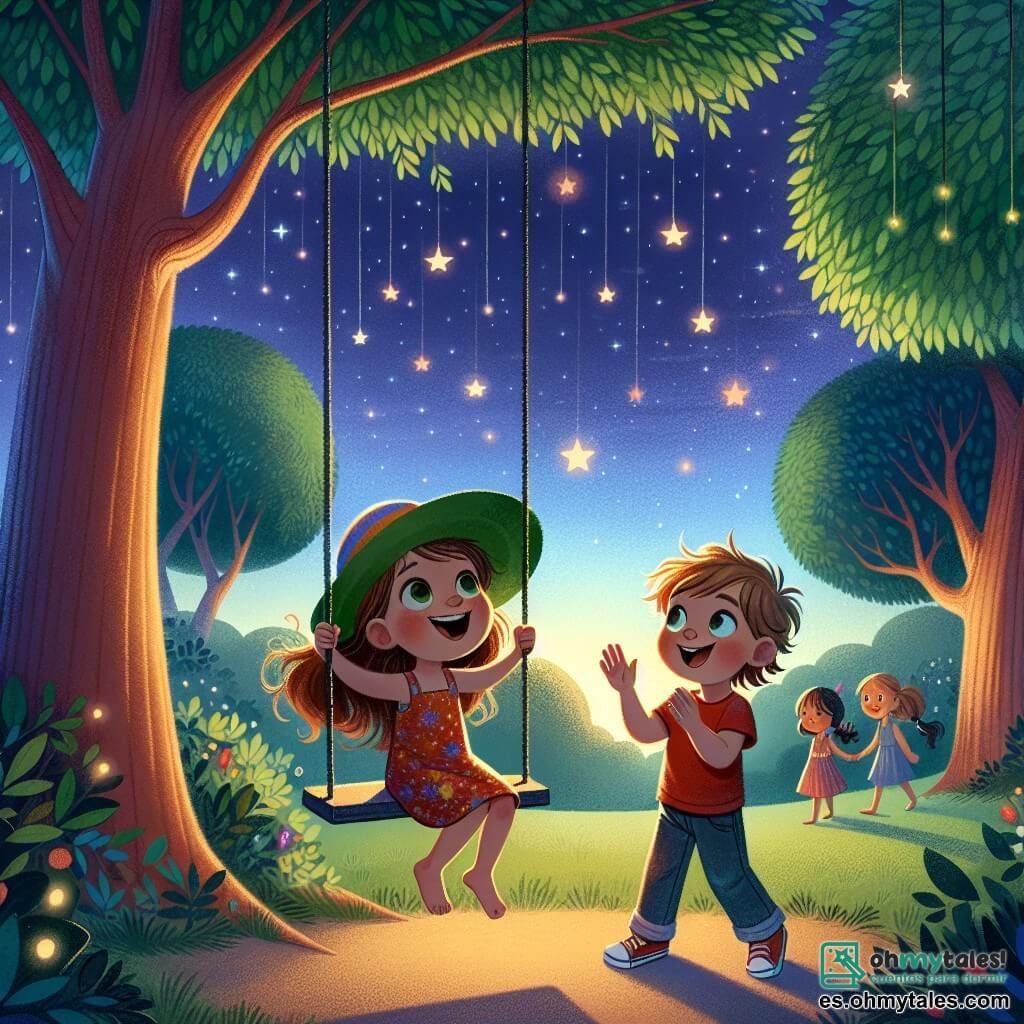 Ilustración que representa un parque al anochecer, con majestuosos árboles de hojas verdes y un cielo que va del azul a tonos violetas y naranjas. En primer plano, una niña de unos 6 años, con largos cabellos castaños y un gran sombrero colorido, se balancea alegremente en un columpio. A su lado, un niño de 7 años, con el cabello rubio alborotado y una camiseta roja, aplaude con una sonrisa radiante. Están rodeados de pequeñas estrellas brillantes que comienzan a aparecer en el cielo oscuro. La niña parece un poco preocupada al mirar las sombras, mientras que el niño la tranquiliza con un gesto amistoso. La atmósfera es mágica y reconfortante, ilustrando la transición del miedo a la oscuridad al descubrimiento de la belleza nocturna.