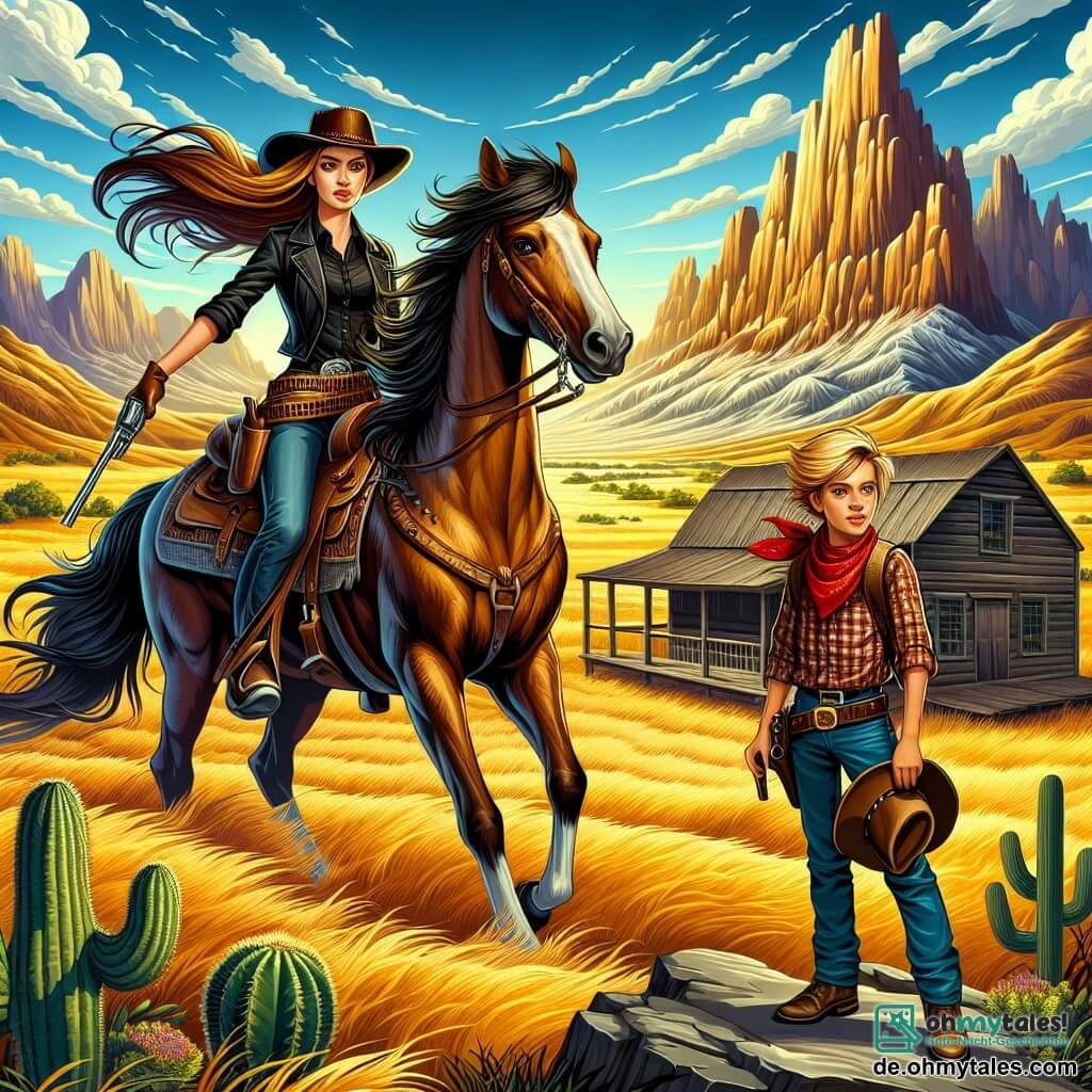 Illustration einer lebhaften Szene aus dem Wilden Westen, mit einer weiten Landschaft aus goldenen Prärien unter einem strahlend blauen Himmel, der mit einigen weißen Wolken gesprenkelt ist. Im Zentrum des Bildes steht eine junge Frau mit langen braunen Haaren, die im Wind wehen, sie trägt einen Cowgirl-Hut und eine Lederweste. Sie sitzt auf einem wunderschönen braunen Pferd mit glänzendem Fell und blickt entschlossen in die Ferne, während sie die Zügel festhält. An ihrer Seite steht ein etwa zehnjähriger Junge mit blonden Haaren und funkelnden Augen auf einem Felsen, er betrachtet die Landschaft mit einer Ausdruck von Aufregung und Neugier. Er trägt ein kariertes Hemd und ein rotes Bandana um den Hals, was seinen abenteuerlichen Geist symbolisiert. Die Hauptsituation zeigt die junge Frau und den Jungen auf der Suche nach einem versteckten Schatz, mit majestätischen Bergen im Hintergrund und einem alten, halbverfallenen Holzgebäude, das auf einen zu lösenden Geheimnis hinweist. Zusätzliche grafische Elemente umfassen verstreute Kakteen, Vögel, die am Himmel fliegen, und eine alte Karte, die der Junge hält, was der fesselnden Illustration einen Hauch von Abenteuer verleiht.