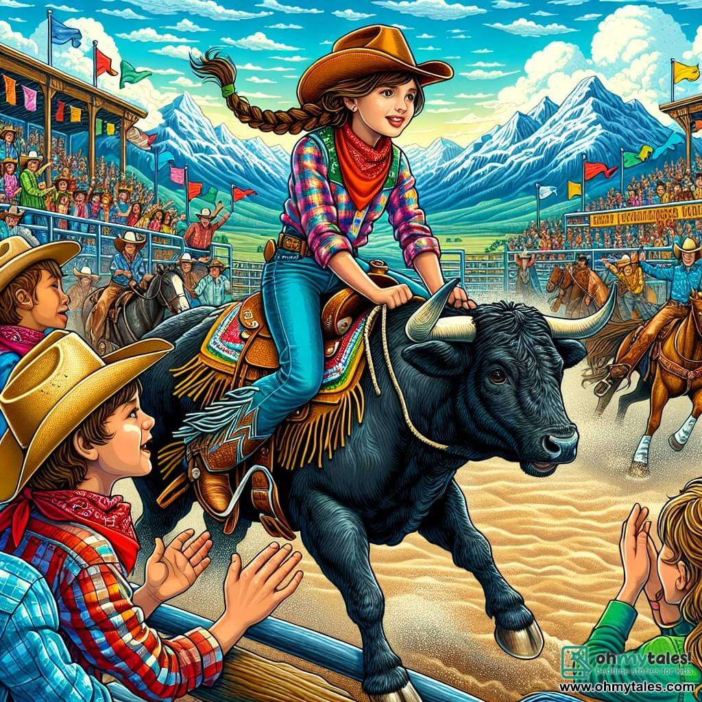 An illustration depicting a vibrant rodeo scene in a dusty arena, surrounded by majestic mountains under a bright blue sky. In the center, a brave young woman with brown hair in a braid wears a cowgirl hat and a colorful plaid shirt. She is riding a large black bull, her legs tight and her face determined, ready to take on the challenge of bull riding. Nearby, a young boy of about ten, with an enthusiastic smile and a red bandana around his neck, encourages her with hand gestures, his eyes shining with admiration. The crowd around them is lively, with families and friends applauding, creating an atmosphere of joy and excitement. Colorful banners flutter in the wind, and horses are visible in the background, adding to the festive ambiance of the rodeo.